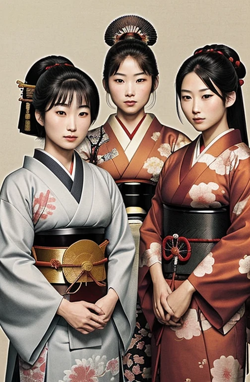 A Japanese samurai surrounded by several women in traditional attire, all looking content, set against a historical Japanese setting.