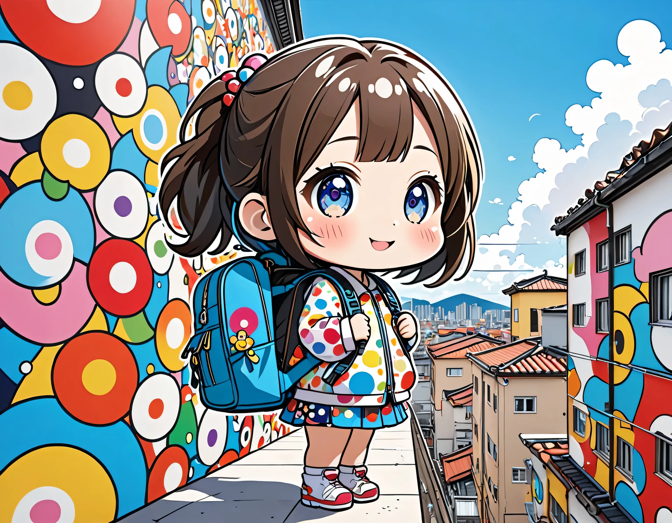 Takashi Murakami style, Standing in front of a high wall，Girl with backpack on rooftop，My backpack is full of happy spring，Simple Line Initialism，Abstract art，Urban Background, (((The most beautiful girl))), (((chibi)))