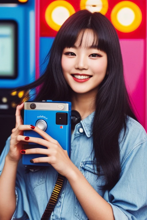 (1 korean young girl), Visualize a nostalgic advertisement hailing from the 1980s in Korea. Dominating the scene is a radiant young woman with a vibrant smile, sporting trendy 80s attire complete with big hair, vibrant makeup, and chunky accessories. Clutched in her hand is a retro portable music player, the kind with a cassette tape compartment and big buttons. The Walkman is a reflection of the era's technological marvel, and it stands out with its metallic finish and brand label. Around the scene, neon lights and geometric shapes abound, reminiscent of 80s design aesthetics. The young woman is clearly enjoying the music, her posture relaxed yet energetic, encapsulating the spirit of youth and the joy of portable music,