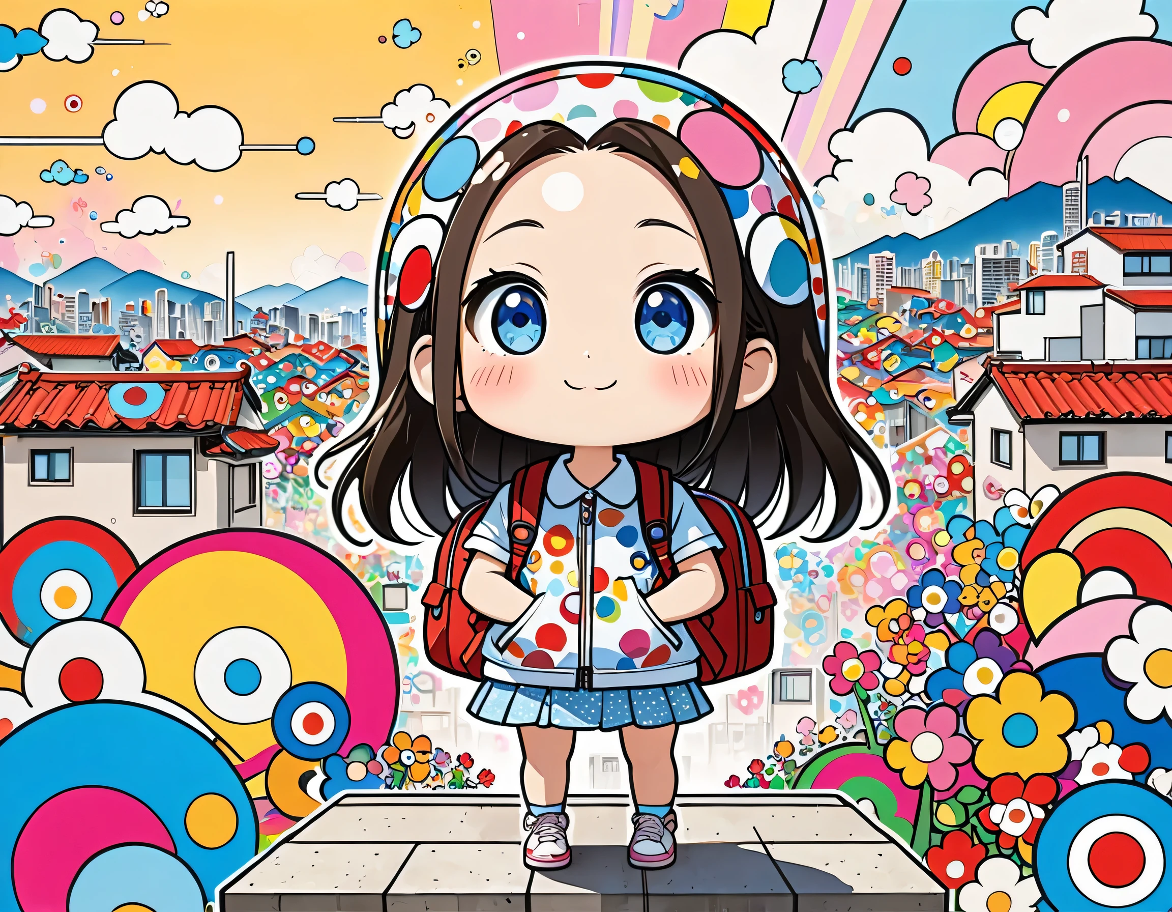 Takashi Murakami style, Standing in front of a high wall,Girl with backpack on rooftop,My backpack is full of happy spring,Simple Line Initialism,Abstract art,Urban Background, (((The most beautiful girl))), (((chibi)))