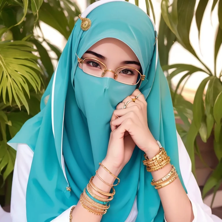 A beautiful high school glasses Arabian 17 years old girl model, white skin, sharp nose, thin lips, circle face, tight bra, wearing hijab, golden indian bangle and bracelet, golden necklace, golden swiss polo watch, kissing a man, squinting eyes, detailed horny face