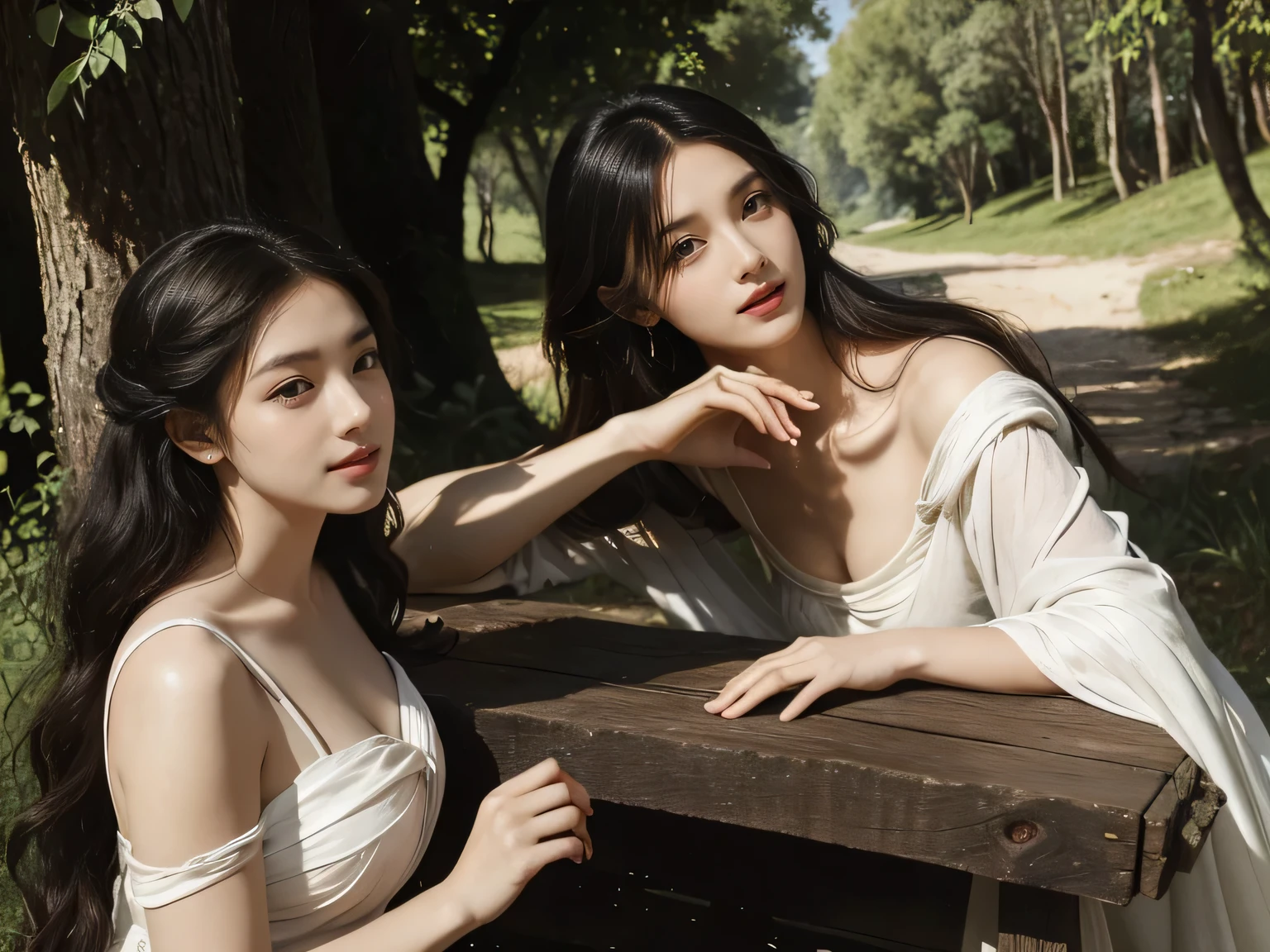 Giorgione painting style,Barbizon forest A beautiful woman in Greek dress smiles on the shore,Sweet and seductive appearance.、Caravaggio's paintings、Chiaroscuro of Caravaggio、hair tousled by the wind,Two women frolicking,cute smile, expression of ecstasy,Sexy,erotic, full body portrait