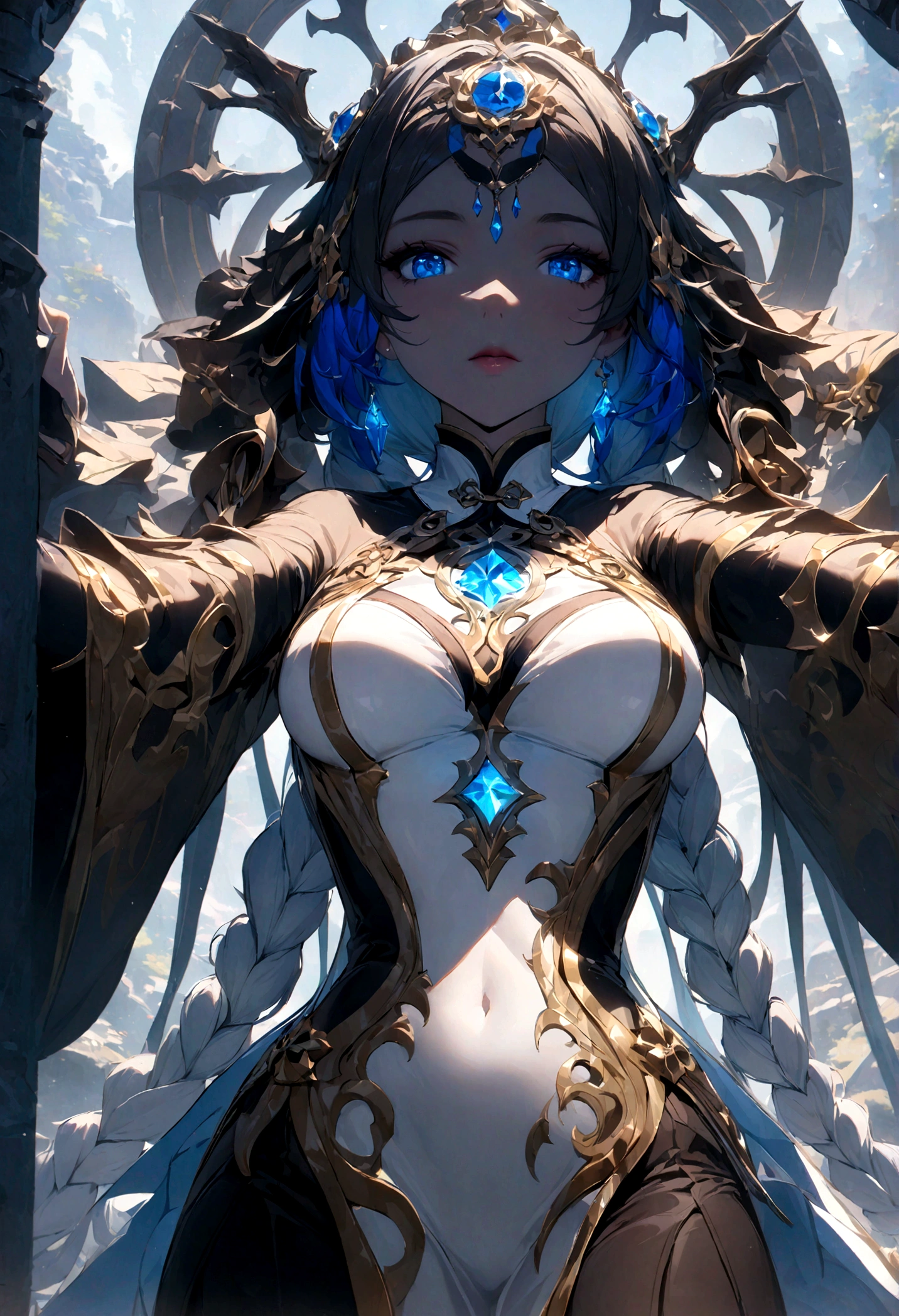 Genshin Impact，Shen He，girl，Cold and beautiful aunt，Long white braids，Perfect body，Black and white Chinese cheongsam wrapped around the whole body，Second Dimension，Octane Rendering，masterpiece，Highest quality，Ultimate details,8K resolution