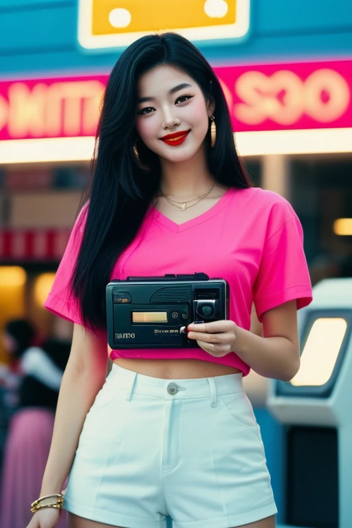 (1 korean young girl), big breasts, strikingly beautiful, delicate facial features, porcelain skin, expressive eyes, black hair, red lips, (hairstyle of the 1980s), Visualize a nostalgic advertisement hailing from the 1980s in Korea. Dominating the scene is a radiant young woman with a vibrant smile, sporting trendy 80s attire complete with big hair, vibrant makeup, and chunky accessories. Clutched in her hand is a retro portable music player, the kind with a cassette tape compartment and big buttons. The Walkman is a reflection of the era's technological marvel, and it stands out with its metallic finish and brand label. Around the scene, neon lights and geometric shapes abound, reminiscent of 80s design aesthetics. The young woman is clearly enjoying the music, her posture relaxed yet energetic, encapsulating the spirit of youth and the joy of portable music,