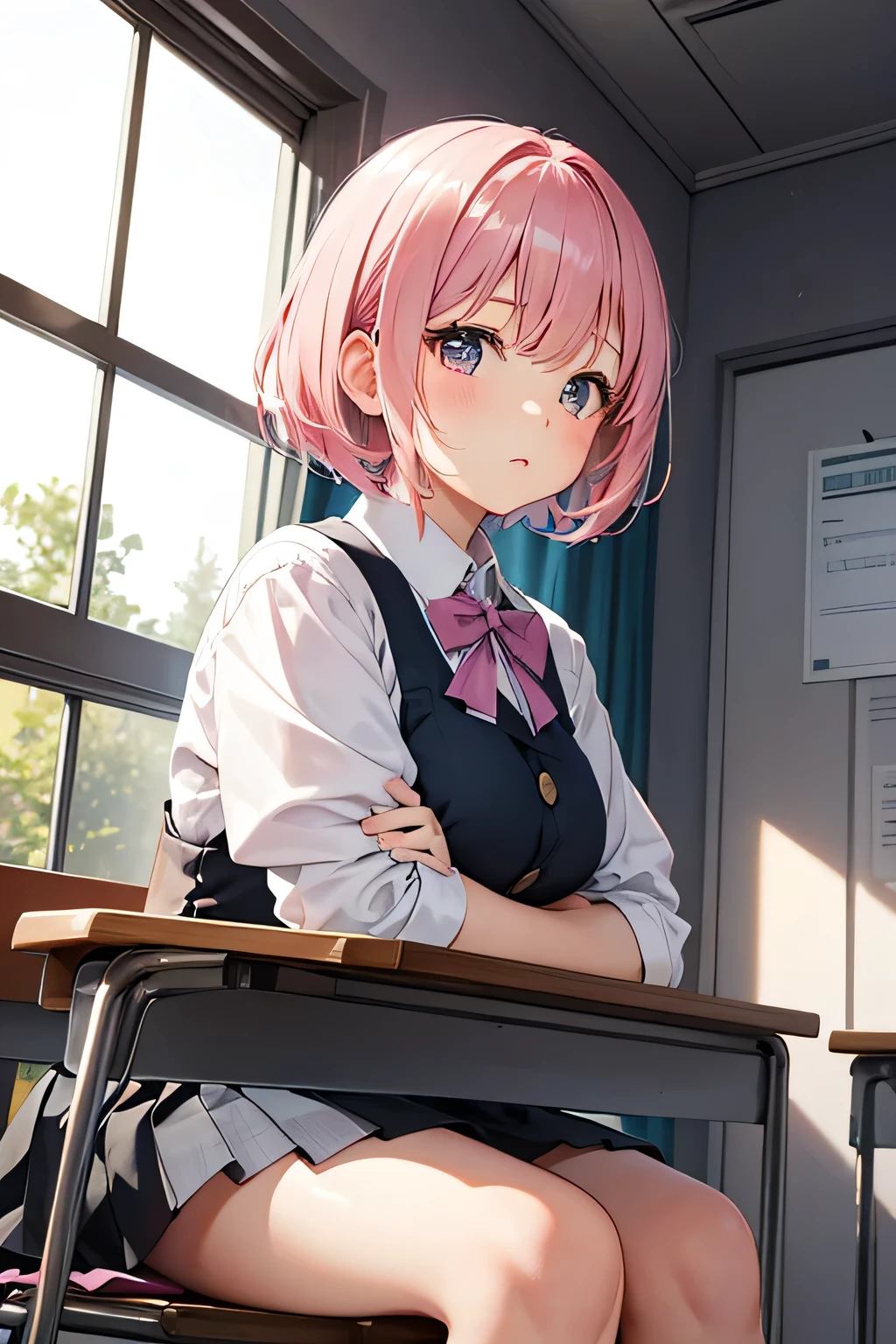 to loveるのモモ、Pink hair short cut、A plump girl in a uniform、Big 、Angle looking up from below、In the classroom、Sitting on a chair、M-shaped legs