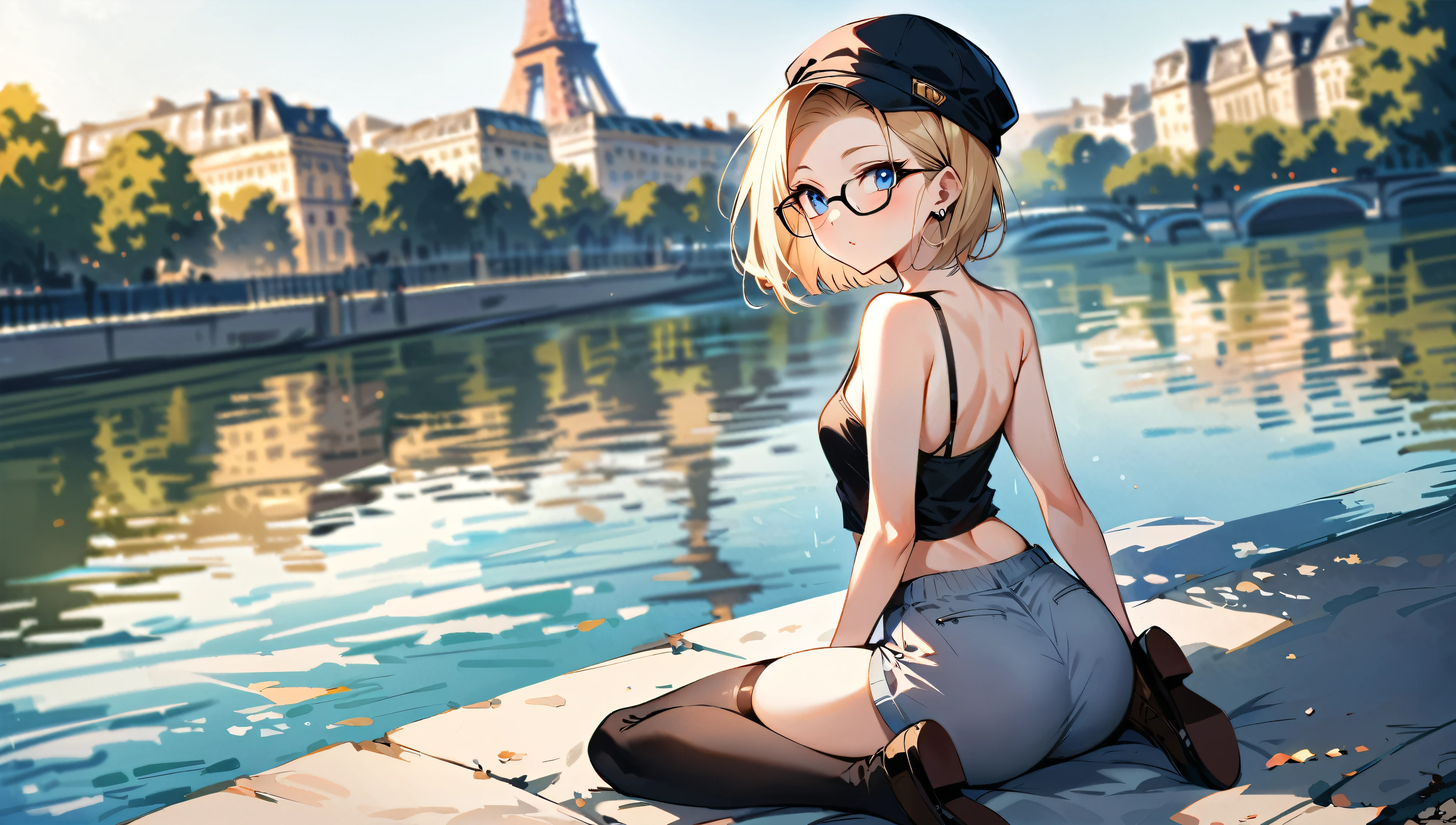 (masterpiece, best quality:1.2), from behind, solo, Android 18 from Dragon Ball, ((slip-on one-shoulder crop top)), (light gray top:1.2), (gray sport shorts), strings of thong underwear slightly visible, (wearing glasses), small breasts, short blonde hair loose, (blue eyes), earrings on earlobes,  ((plane black cap)), black thighhighs, black loafers, head tilt, light blush, (wariza1:2), looking back, arm between legs, slender feminine figure, narrow waistline, skinny body, no jacket, no logo, backless crop top, the Eiffel Tower, the Seine, riverside, natural lighting and shadows, magnificent view, blur background, 4K