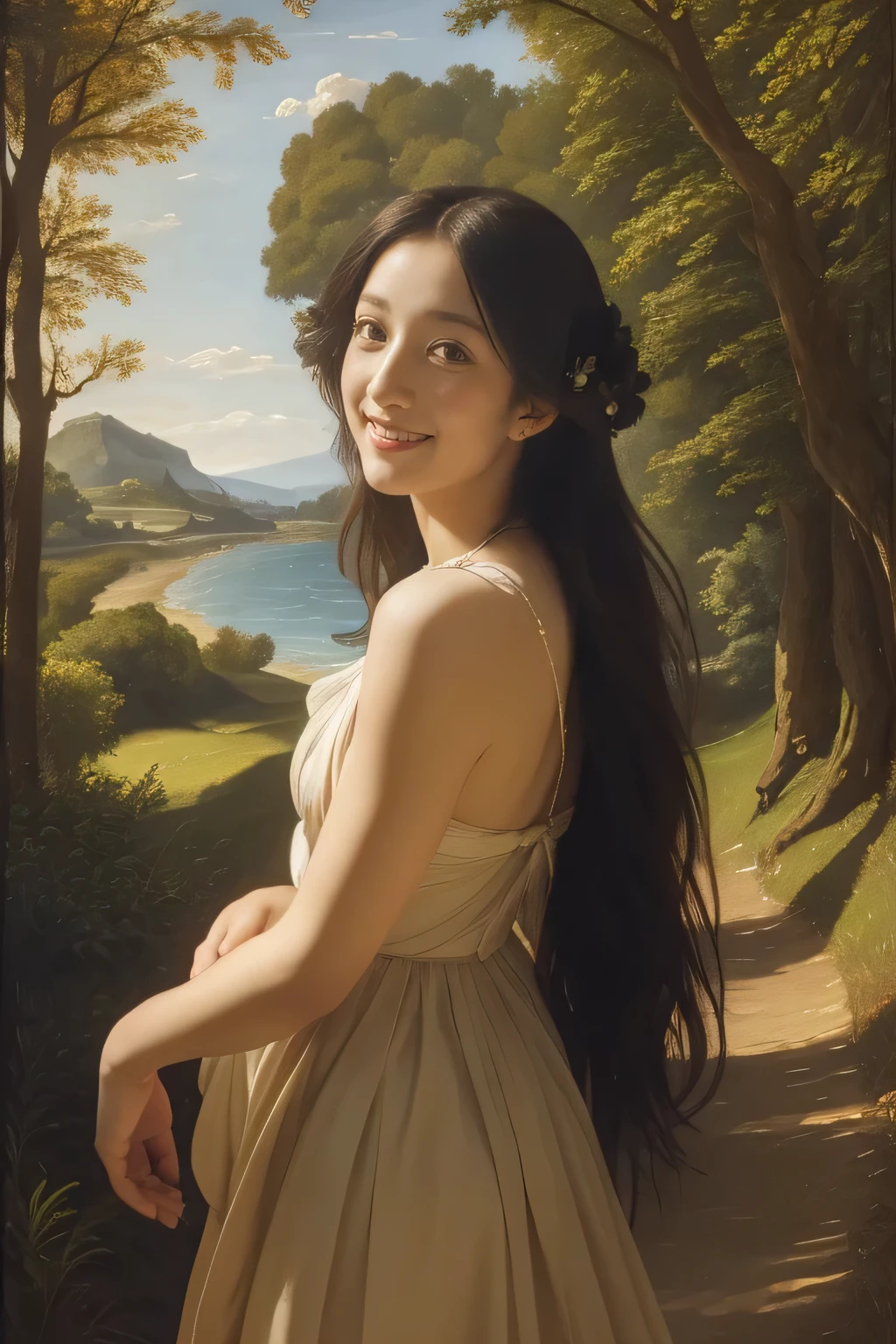 Giorgione painting style,Barbizon forest A beautiful woman in Greek dress smiles on the shore,Sweet and seductive appearance.、Caravaggio's paintings、Chiaroscuro of Caravaggio、hair tousled by the wind,Two women frolicking,cute smile, expression of ecstasy,Sexy,erotic, full body portrait