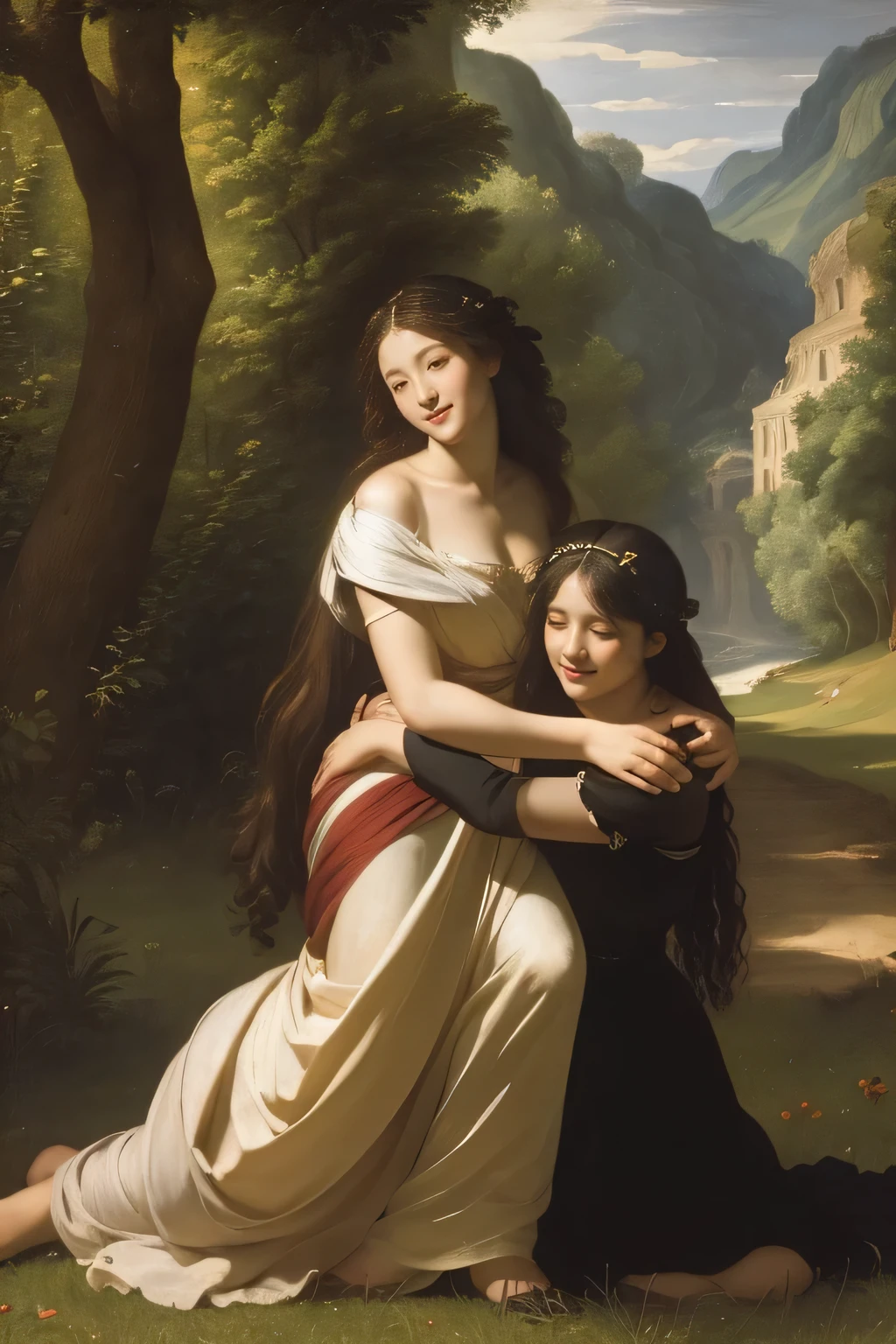 Giorgione painting style,Barbizon forest A beautiful woman in Greek dress smiles on the shore,Sweet and seductive appearance.、Caravaggio's paintings、Chiaroscuro of Caravaggio、hair tousled by the wind,Two women frolicking,cute smile, expression of ecstasy,Sexy,erotic, full body portrait