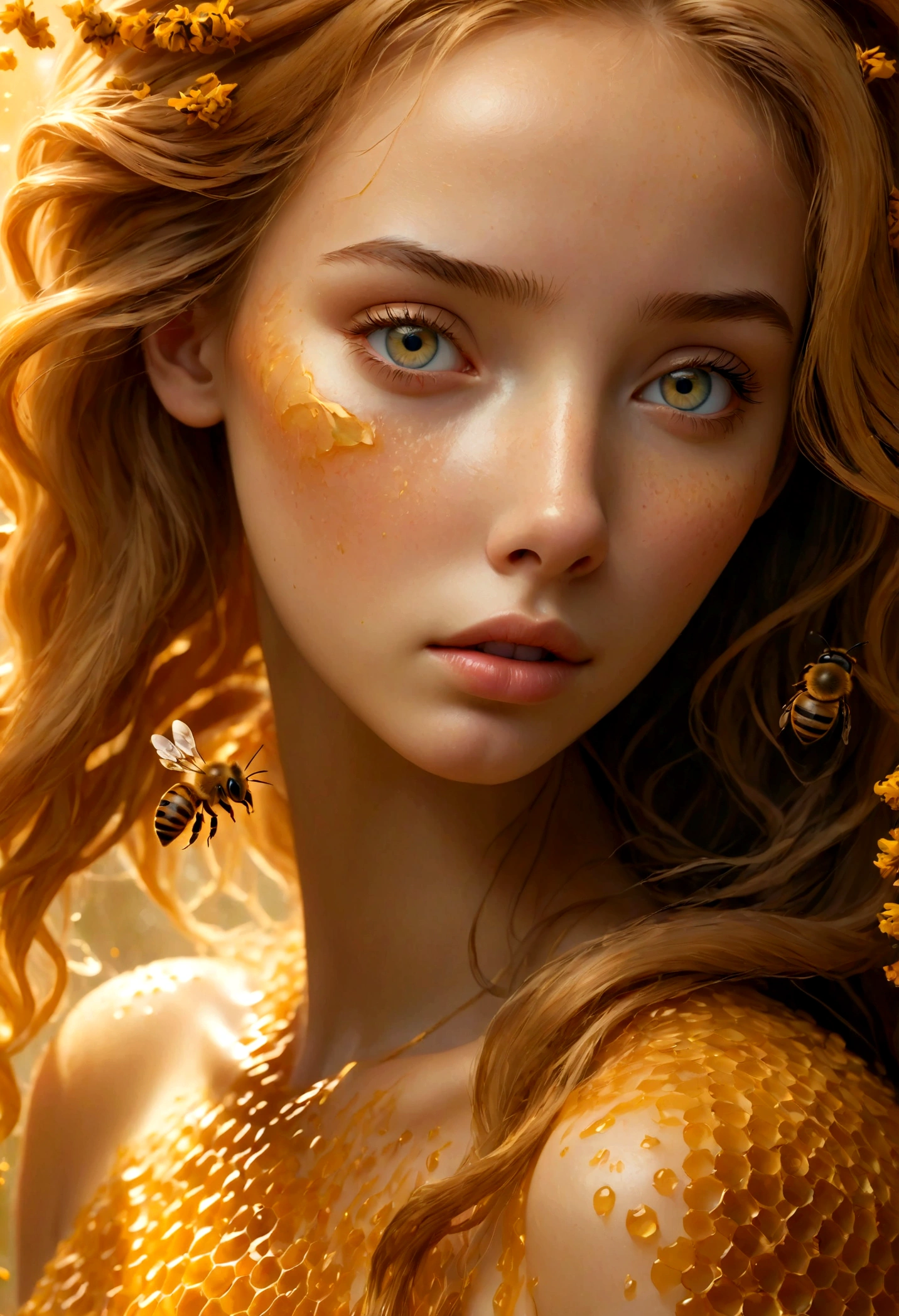 a beautiful young girl covered in honey,detailed face,detailed eyes,detailed lips,delicate skin,long eyelashes,flowing hair,intricate golden honey dripping down her body,swarms of bees around her,natural organic textures,warm lighting,vibrant colors,ethereal magical atmosphere,cinematic composition,award winning digital art,masterpiece