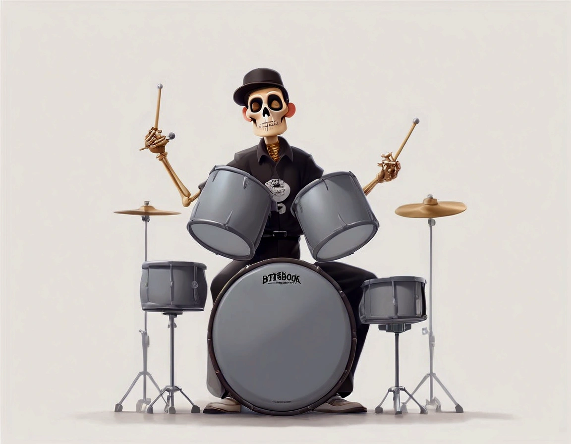 Imagine skull in uniform of an English soldier from 1840 playing drums, on top of a stage made of bones of his enemies, well detailed image, textures, shadows, blue light, reflections, realistic high definition image, cinematic scene, realistic render