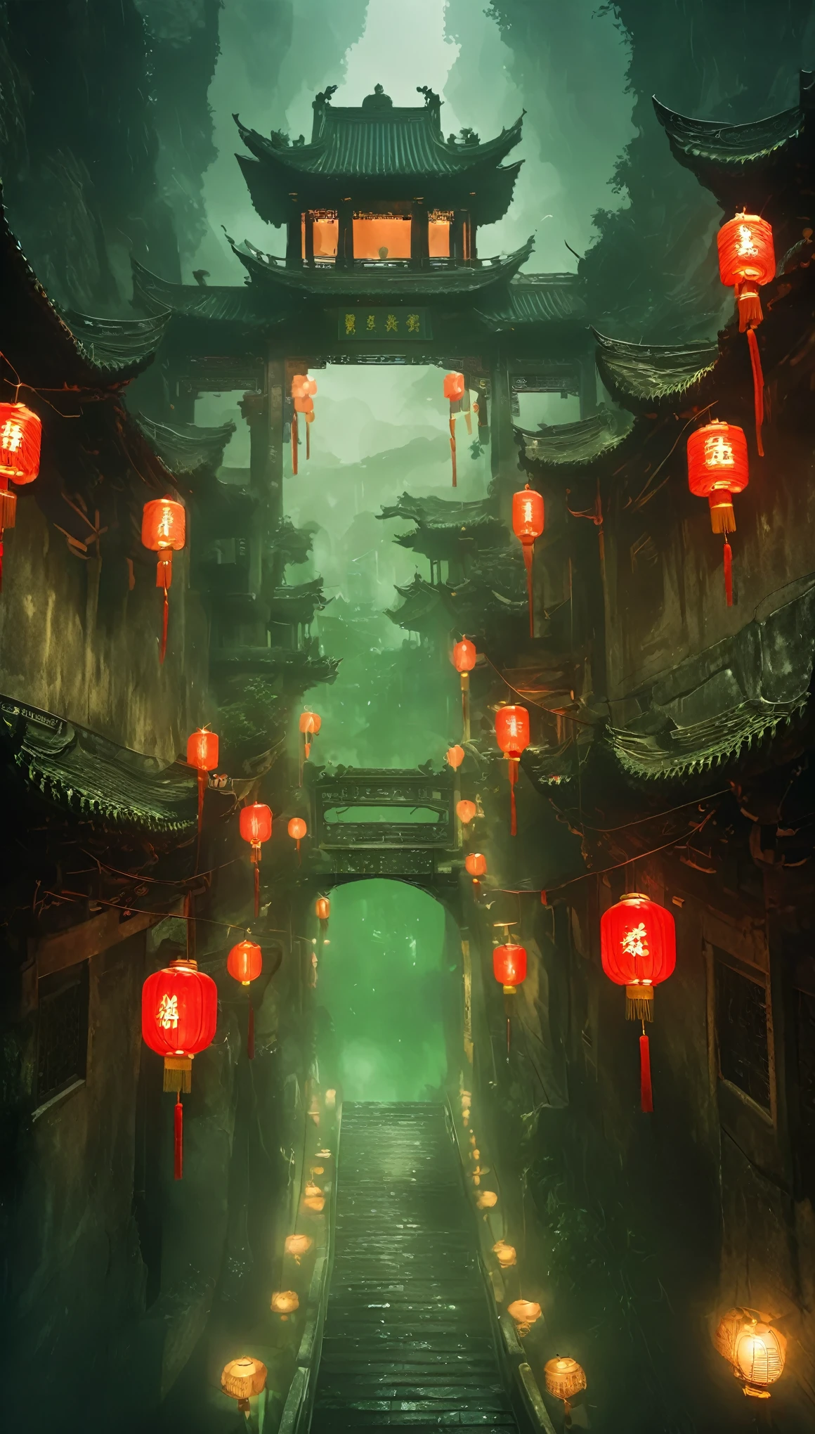 a haunting chinese ghost story, eerie chinese architecture, qixi festival, green ghostly soup, menpo bridge, menpo serving soup, escorting ghosts, iron chains, dark moody lighting, cinematic, horror, atmospheric, surreal, mysterious, detailed