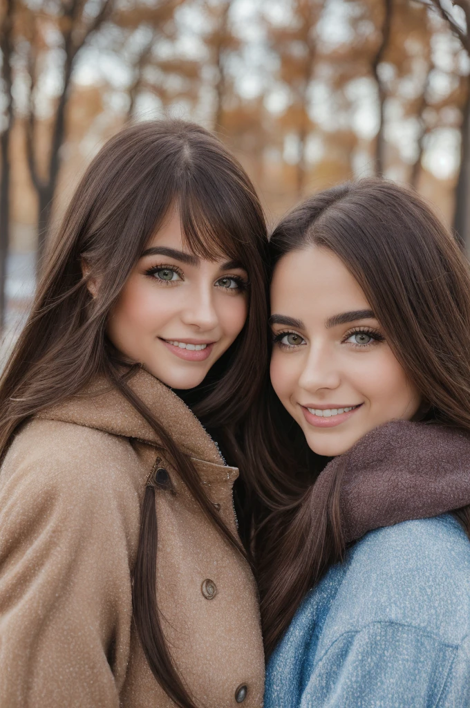 Professional photograph, best quality, 8K, hyper detailed, half body, A close up portrait of two gorgeous, beautiful, wonderful women, Argentinian and spanish females together posing for the camera, both women have super long hair, argentinian girl has dark brown hair and spanish girl has light brown hair, the both of them are wearing winter outfits, both girls are wearing leather jackets. Both women are wonderful, dream, ethereal, timeless, majestic beauties from Argentina and Spain. Hispan dream beauties who comes to the hearts. They're glad, smiling and enjoying a day at park in winter. True friendship, they pose happy for the camera.
