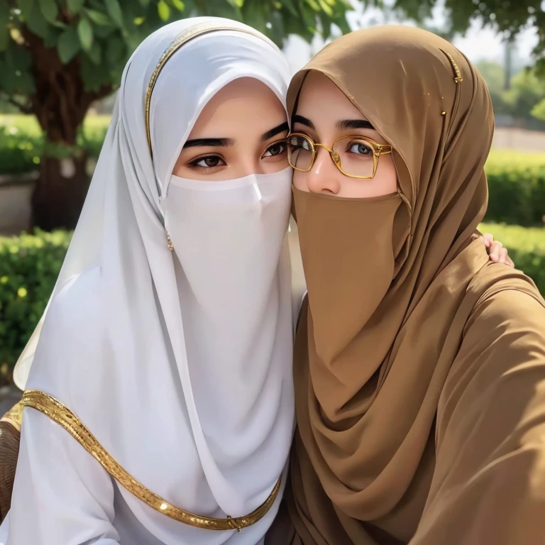 A beautiful high school glasses Arabian 17 years old girl model, white skin, sharp nose, thin lips, circle face, tight bra, wearing hijab, golden indian bangle and bracelet, golden necklace, golden swiss polo watch, kissing a man, sitting on the wheelchair, squinting eyes, detailed horny face