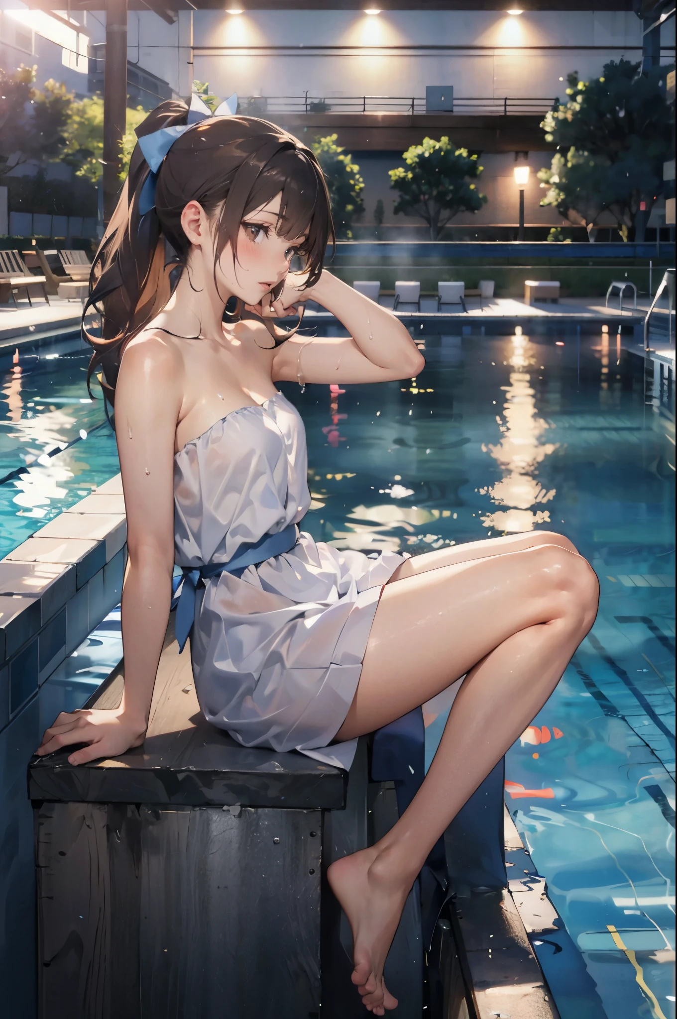 (extremely detailed CG unity 8k wallpaper), (masterpiece), (best quality), (ultra-detailed), (best illustration), (best shadow), (absurdres), Honors Type, Really blushing, 17 years old, high school girl, (naked:1.5), ponytail brown hair, sweaty healthy body, wetting full body, bare legs, ultra realistic, early morning, breeze, (knee up:1.5), in crowded public night pool, 