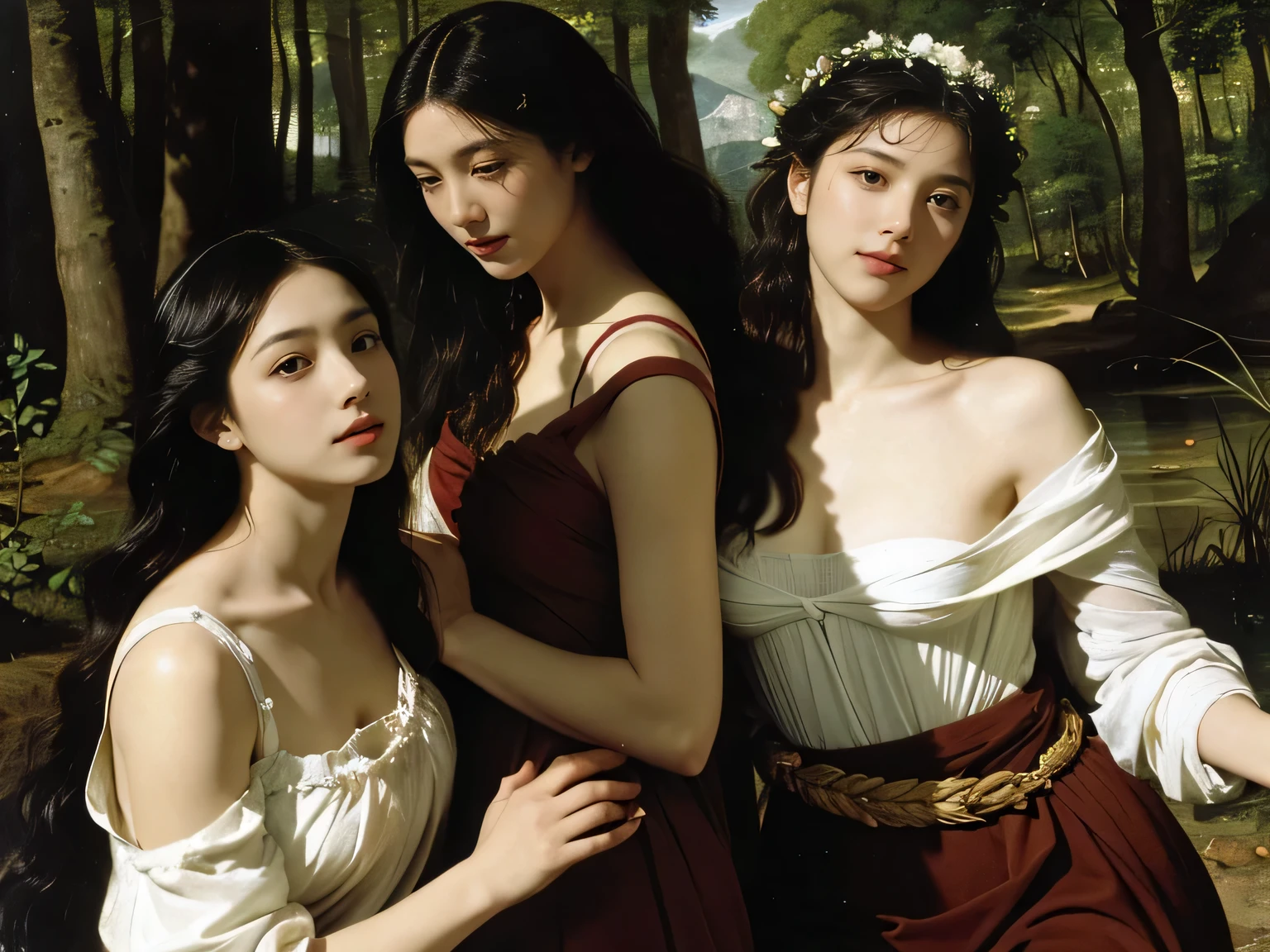 Ancient Roman ruins,landscape in the style of Poussin,A smile,,Sweet and seductive appearance.、Caravaggio's paintings、Chiaroscuro of Caravaggio、Hair disheveled in the wind,Two women frolicking,Cute smile, Expression of ecstasy,A sexy,erotic