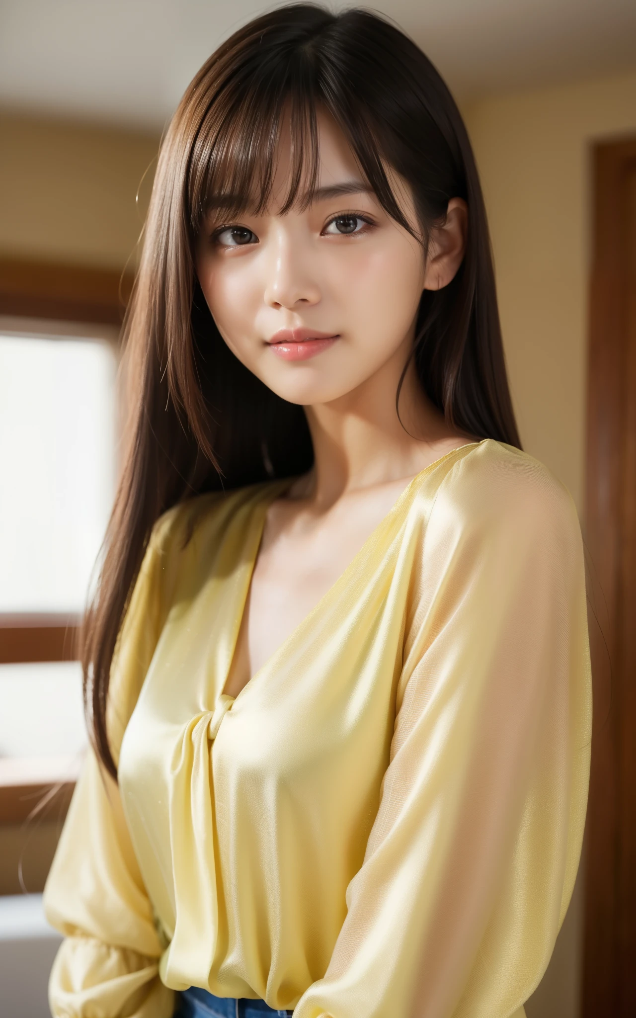 (Photo Real:1.4), (hyper realisitic:1.4), (Smooth lighting:1.05), 1 girl, (sad:1.4), Close-up of the face, 22 years old, Soft lighting, Back lighting, (cheerfulness:1.2), (Finest Real Textured Skins), Narrow-eyed, Super fine face, Gravure Idol Pose, glowy skin, retinas, Anatomically correct, acurate, Super Detail, Textured skin, High quality, high details, Best Quality, High resolution, bangs, Silk Blouse