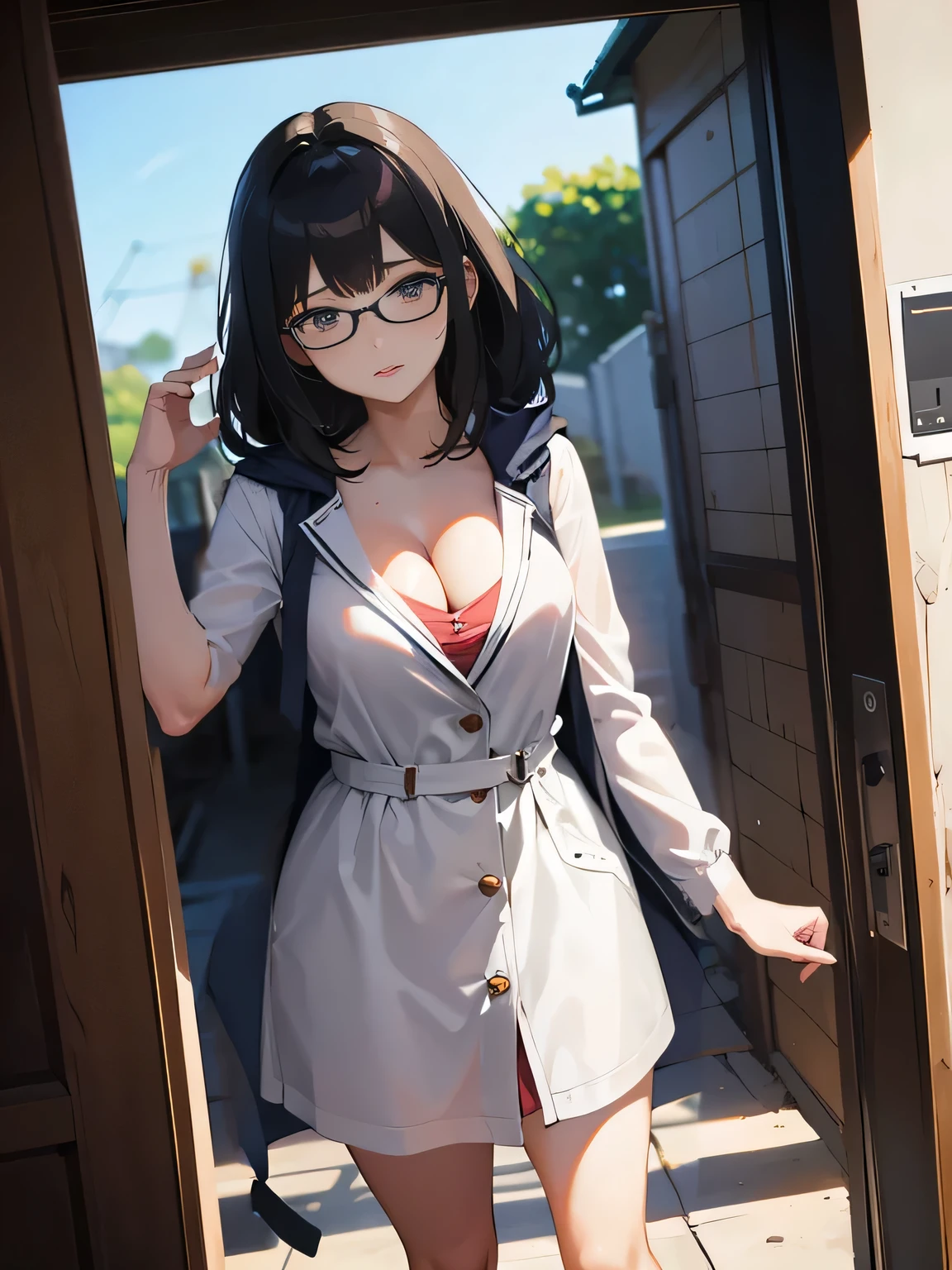 (1girl:1.3), Masterpiece, Best quality, amazing beauty, [[3D]], 4K, absurdres, finely detail, super detailed eye, perfect anatomy, official art, cinematic lighting, BREAK, Bus Stop, silky medium hair, hime cut, curi inside hair, black hair, super shiny detailed brown eyes, tareme, Looking at Viewer(camera), plump lips, glasses, shy, BREAK , usually, slim, sweaty skin, walking, dutch angle, Backlighting, BREAK , (Raincoat:1.2), ( is visible:1.2), BREAK,()