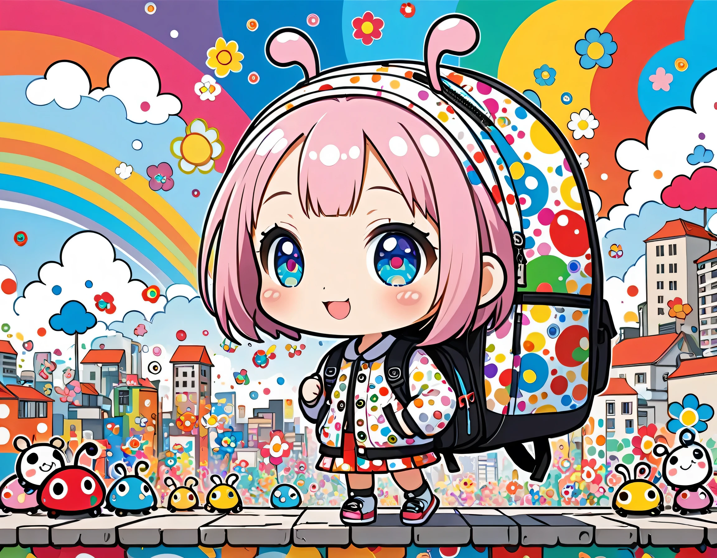 Takashi Murakami style, Standing in front of a high wall,Girl with backpack on rooftop,My backpack is full of happy spring,Simple Line Initialism,Abstract art,Urban Background, (((The most beautiful girl))), (((chibi))), Colorful and cute pillbugs