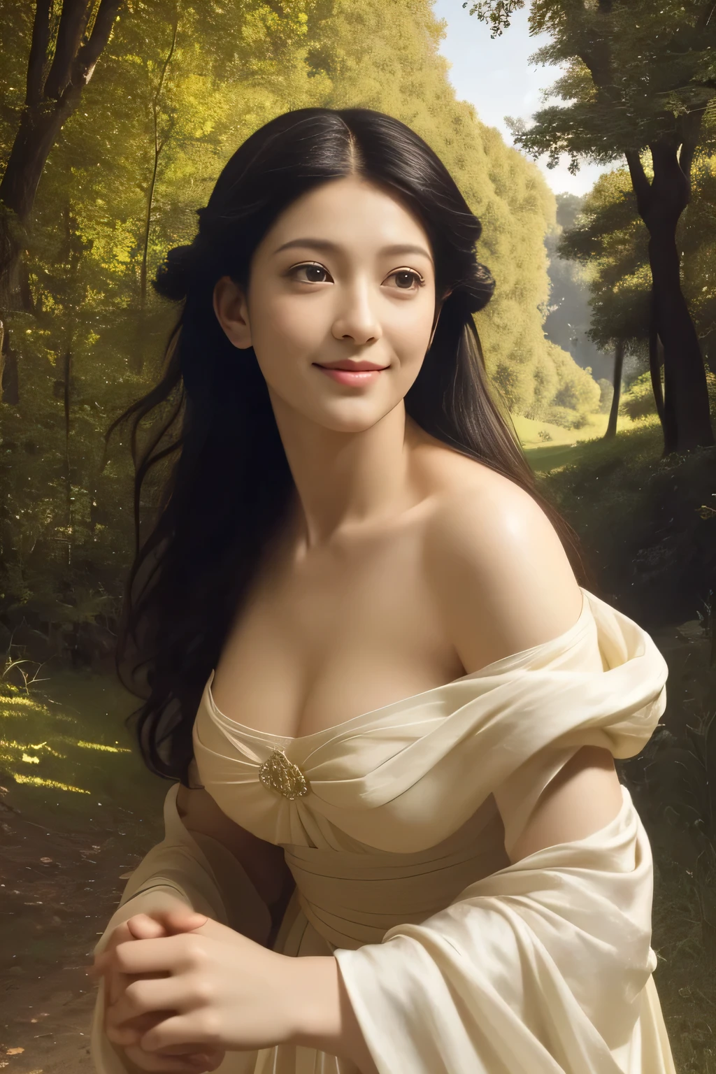 Giorgione painting style,Barbizon forest A beautiful woman in Greek dress smiles on the shore,Sweet and seductive appearance.、Caravaggio's paintings、Chiaroscuro of Caravaggio、hair tousled by the wind,Two women frolicking,cute smile, expression of ecstasy,Sexy,erotic, full body portrait