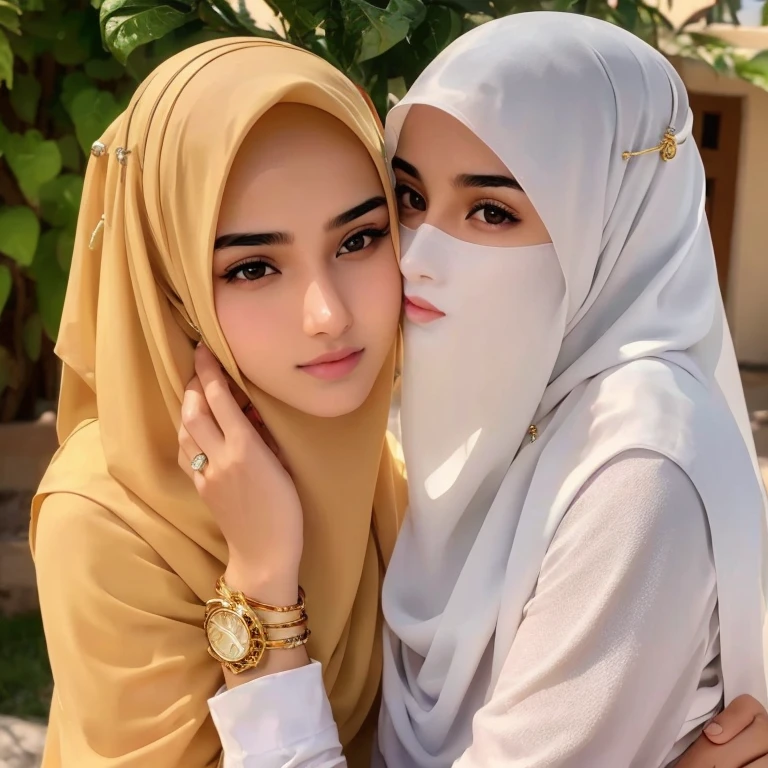 A beautiful high school glasses Arabian 17 years old girl model, white skin, sharp nose, thin lips, circle face, tight bra, wearing hijab, golden indian bangle and bracelet, golden necklace, golden swiss polo watch, kissing a man, squinting eyes, detailed horny face