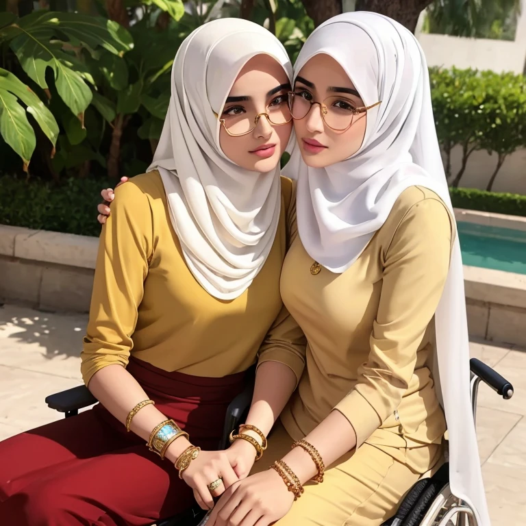A beautiful high school glasses Arabian 17 years old girl model, white skin, sharp nose, thin lips, circle face, tight bra, wearing hijab, golden indian bangle and bracelet, golden necklace, golden swiss polo watch, kissing a man, sitting on the wheelchair, squinting eyes, detailed horny face