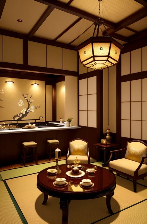 A luxurious tea room decorated in gold, with traditional Japanese elements, tea utensils, and a serene atmosphere.