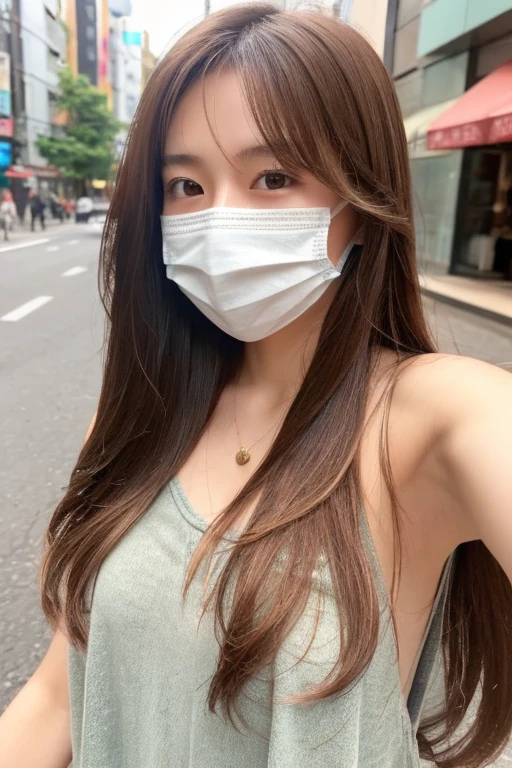 One girl, Japanese, cute sister, semi-long hair, brown hair color, wearing a mask, selfie, background is city , upper body only, face close, realistic girl, top quality image,