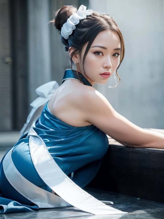 (((Fallen and lying down))),"(Exquisitely drawn CG Unity 8k wallpaper, Masterpiece quality with stunning realism), (Best lighting, Best Shadow), (highest quality), (Elegant and devilish style:1.2), Artistic modern anime. Diagonal view, A close-up full-body portrait of a stunningly beautiful mature Chun-Li from Street Fighter。 ((Dark brown hair:1)), ((White lace-up boots:.5)), Dynamic pose, (Blue Chinese Dress:1.5), Great body, in china at night with neon lights, Shy and timid、Frivolous、sexy、Cute expression, the body is slim, Very decorative and detailed, Brown see-through pantyhose, Depth of field blur effect, night, Full Zoom, Action Portrait, Realistic. Cinema Lighting, Very detailed. highest quality, 4K, Better Hands, Perfect Anatomy, Shortening effect, Shy and timidsexyな表情, Your legs look short, (Sharp Eye:0.8), Surrounded by an ominous and dark atmosphere, Dramatic and striking lighting accents, Surreal fantasy feel". (Wearing white laced military boots:1), (night:1), (Side view:.5), (Lifted my butt:1), (metal spike bracelet:1), (Leaning forward:1), (White ribbon flowing from the hair bun:1.5) (Front view:1)