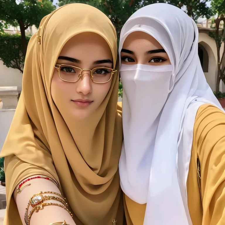 A beautiful high school glasses Arabian girl model, white skin, sharp nose, thin lips, circle face, tight bra, wearing hijab, golden indian bangle and bracelet, golden necklace, golden swiss polo watch, kissing a man, squinting eyes, detailed horny face