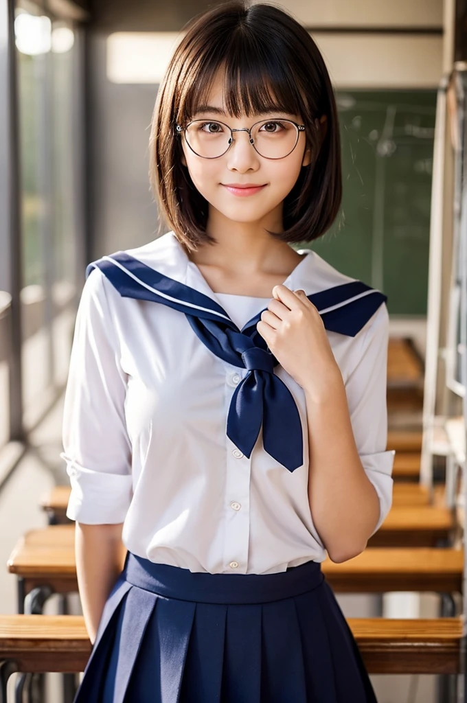 Short hair, school classroom, high school sophomore, ((full body)), ((photo)), ((best qualtiy, 8K, tmasterpiece:1.3)), Focus:1.2, perfect figure beautiful girl:1.4, 1girl, cowboy shot, look at viewer, incredibly absurd, beautiful and cute girl with a photorealistic face, showcasing top-quality craftsmanship, A Japanese girl standing shyly in a classroom after school in the setting sun, 15 years old, with short black hair, long bangs parted diagonally, smooth and sleek hairstyle, gentle brown eyes, neat and tidy eyebrows, fair and clear skin, upturned nostrils, plump lips, beautiful face, distinct facial features, well-defined eyes, modest smile, straight gaze, slim, average, well-balanced proportions, beautiful D-cup breasts, black-rimmed glasses, navy blue sailor uniform, knee-length skirt, favorite perfume, beautiful girl, glasses suit her, cute voice, neat, shy, bashful, modest, serious, responsible, passionate, likes to support friends, April