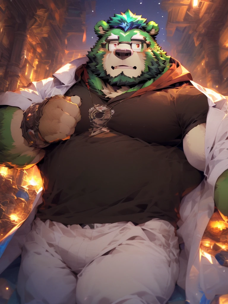 anthro ((bear)), furry, bear, green fur, green hair, ((beard)), male, white eyebrows, red eyes, masterpiece, ((Best quality)), character focus solo, handsome, middle-aged, mature, muscle body, sexy, dilf, full body, (((jinpei))), ((naked body)), ((muscle)), ((erection upward)), (long white coat), (black protective inner suit), (gray pants), (military shoes), (weilding magic staff), 2boy, ((doggy position)), ((anal intercouse)), ((top position)), ((cum overflow))