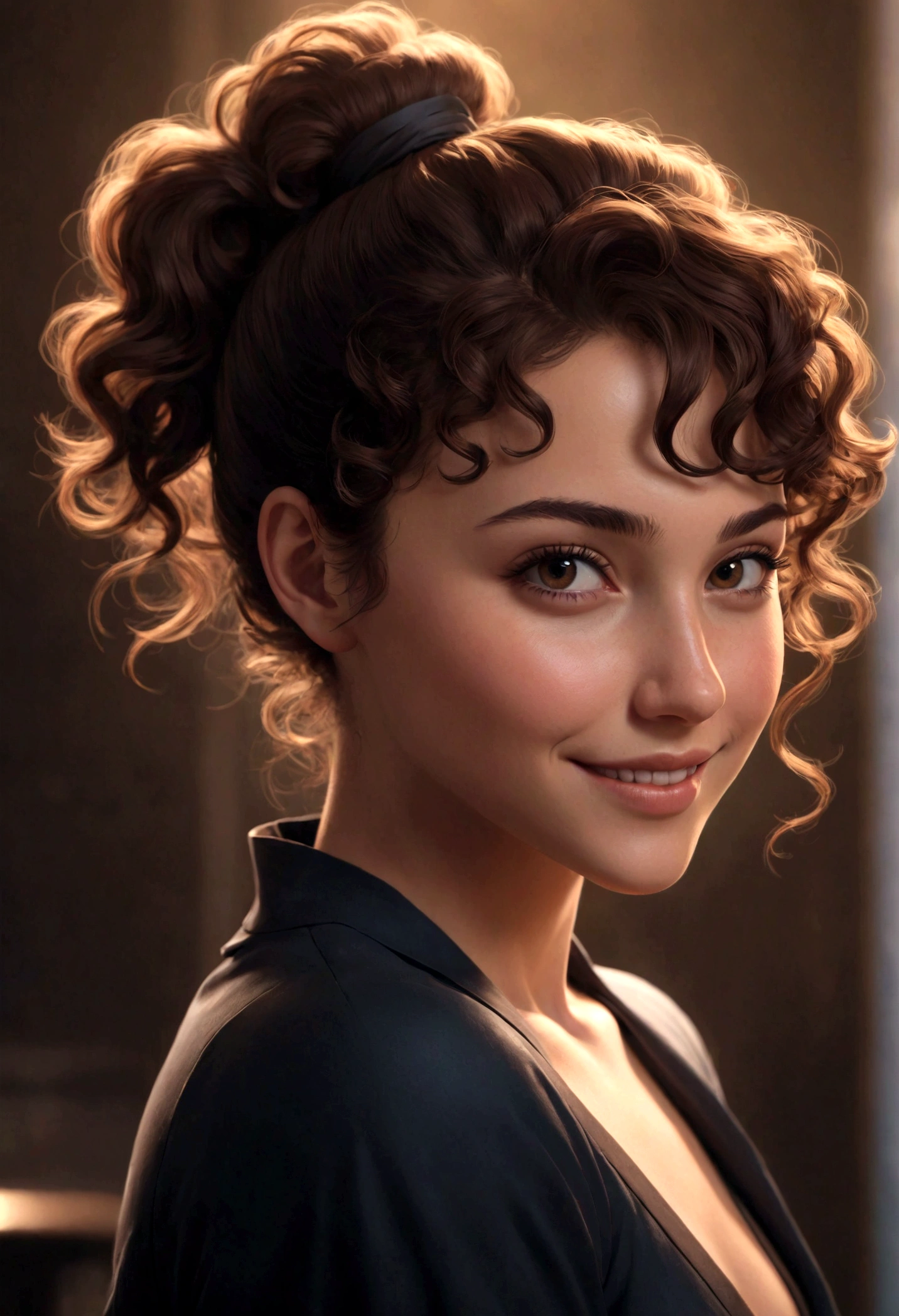a beautiful girl with short curly brown hair in a ponytail, a pointy chin, a sly smile, dramatic lighting, digital art, concept art, trending on artstation 