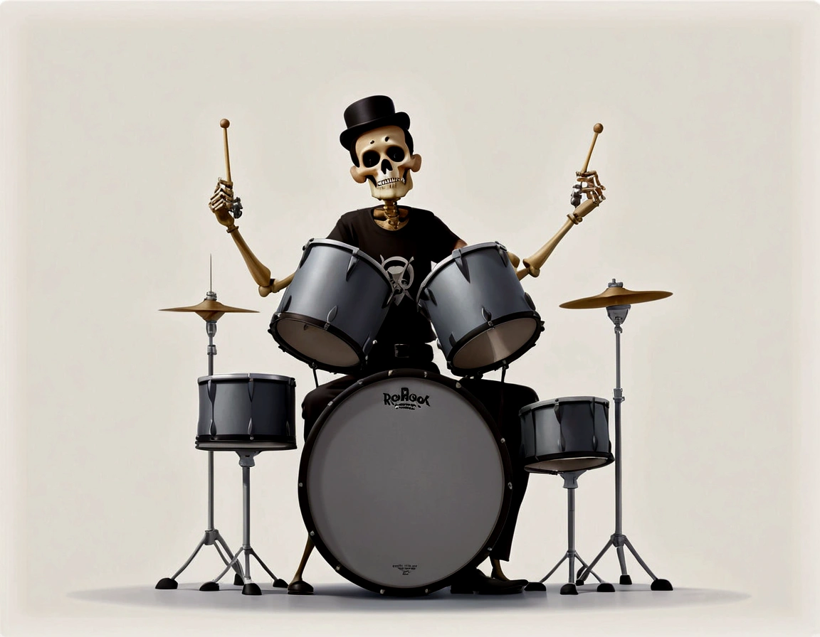 a man playing bateria on a white background, baterista, playing bateria, bateria, bateria, bateria, bateria, 1940's musician playing bateria, bumbo, instrument, banda tocando instrumentos, multiple bass bateria, album art, the band name is roborock, illustration!, flat illustration, musician, professional illustration, skeleton baterista, album, almofadas de tambor