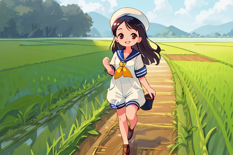 High resolution,high quality,Perfect body,Perfect Face,Perfect Fingers,Beautiful Skin,1girl,Rice field after rice planting,Walk along the dirt path between the rice fields,(Sailor suit:1.5),Navy Pleated Skirt,smile,looking at the camera