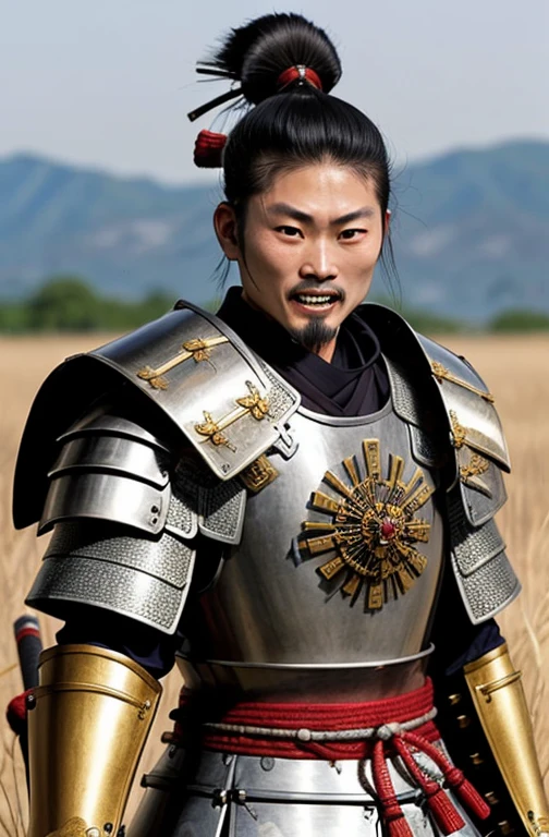 A Japanese samurai in armor on a battlefield, showing off a gold tooth, with a determined expression.