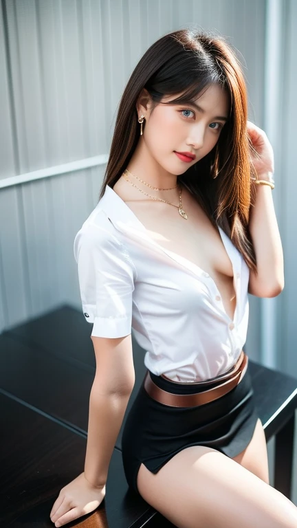 (8ก,high resolution,Masterpiece, best quality, alone, complicated details, Chromatic aberration), realistic, ((middle chest)), hair in one eye, big round hoop earrings, Diamond choker, Gold Necklace, silver necklace, small watch, bangle, bracelet, bangleข้อเท้า, waist necklace, (symmetrical eyes),(Perfect symmetrical body), (Photo of a beautiful 24 year old teenage girl), Beautiful and charming with contemporary fashion paintings as well...., looking at the audience, ((Behind the scenes of a large classroom)), (black short skirt), (((Wear a blue shirt over it...., ((white short sleeve, Open chest shirt), ((Open your shirt and show your chest a little.., no bra,)), (), (Sagging breasts.))), (()), (Long square leather belt buckle), ((Put your hands down.)), (Bob, medium length hair, pinch, Side flatness, brass colored hair, (There is a thin layer of hair covering the face....)), sharp eyeliner, eyelid, Blush, have thick eyelashes, sharp eyes, purple eyes, pink cheeks, Very delicate and beautiful, round chin, Sharp focus, elegant, (Open your legs on the study table....), (Sit facing out and looking at the camera....), (Open your legs and lift your right leg over your left leg....), (), it&#39;It&#39;s an interesting example.., (Sagging breasts.)
