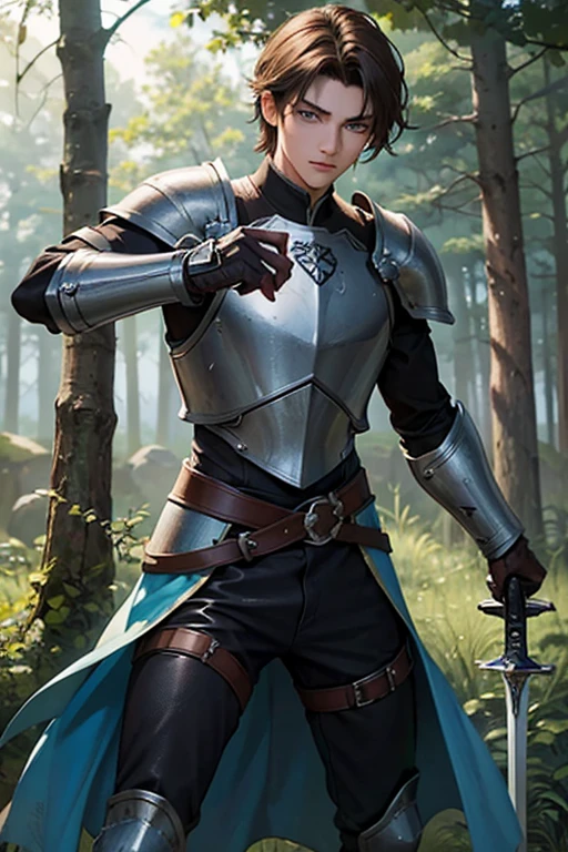 "Draw a young 19-year-old warrior. He has short brown hair and intense blue eyes. He wears light leather armor, with a sword at his waist. Kael is in a combat pose, in a clearing within the forest, with an expression of determination on his face."