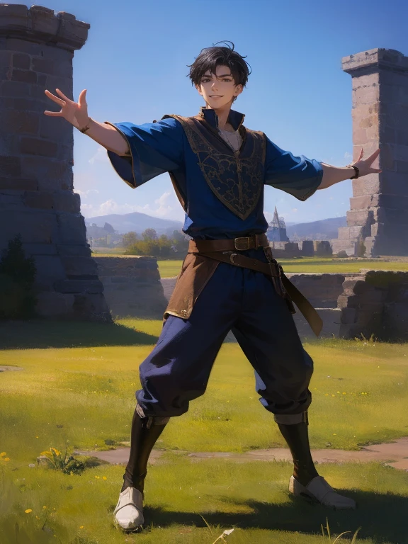 masterpiece, best quality, rpg character art, epic fantasy art style, 1 man, Aldric, 18 year old man, youthful appearance, skinny, normal build, smiling mischievously, raising one arm towards the viewer, beckoning the viewer, challenging the viewer, fighting stance, full body fantasy concept art, short dark black hair, black eyes, high detail, light casual medieval clothes (shirt and pants), intricate details, ultra high resolution, sharp focus, HD, 8k, clear facial features, clear details, the background is an open field, zoomed out view, looking at the viewer