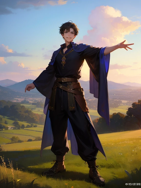 masterpiece, best quality, rpg character art, epic fantasy art style, 1 man, Aldric, 18 year old man, youthful appearance, skinny, normal build, smiling mischievously, raising one arm towards the viewer, beckoning the viewer, challenging the viewer, fighting stance, full body fantasy concept art, short dark black hair, black eyes, high detail, light casual medieval clothes (shirt and pants), intricate details, ultra high resolution, sharp focus, HD, 8k, clear facial features, clear details, the background is an open field, zoomed out view, looking at the viewer