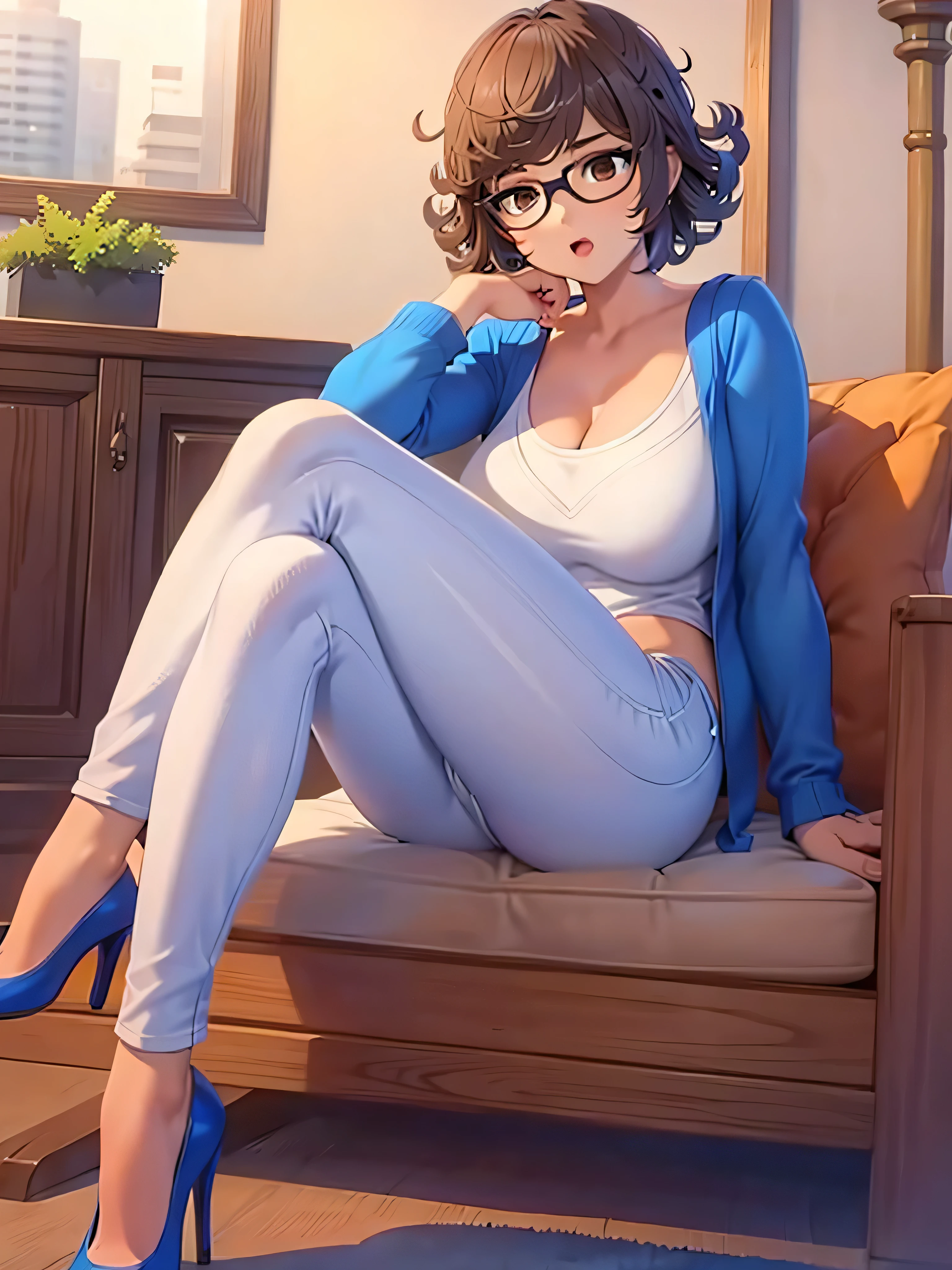 mei, thighs, full body, white high heels, sitting, nude tits, blue pants jeans