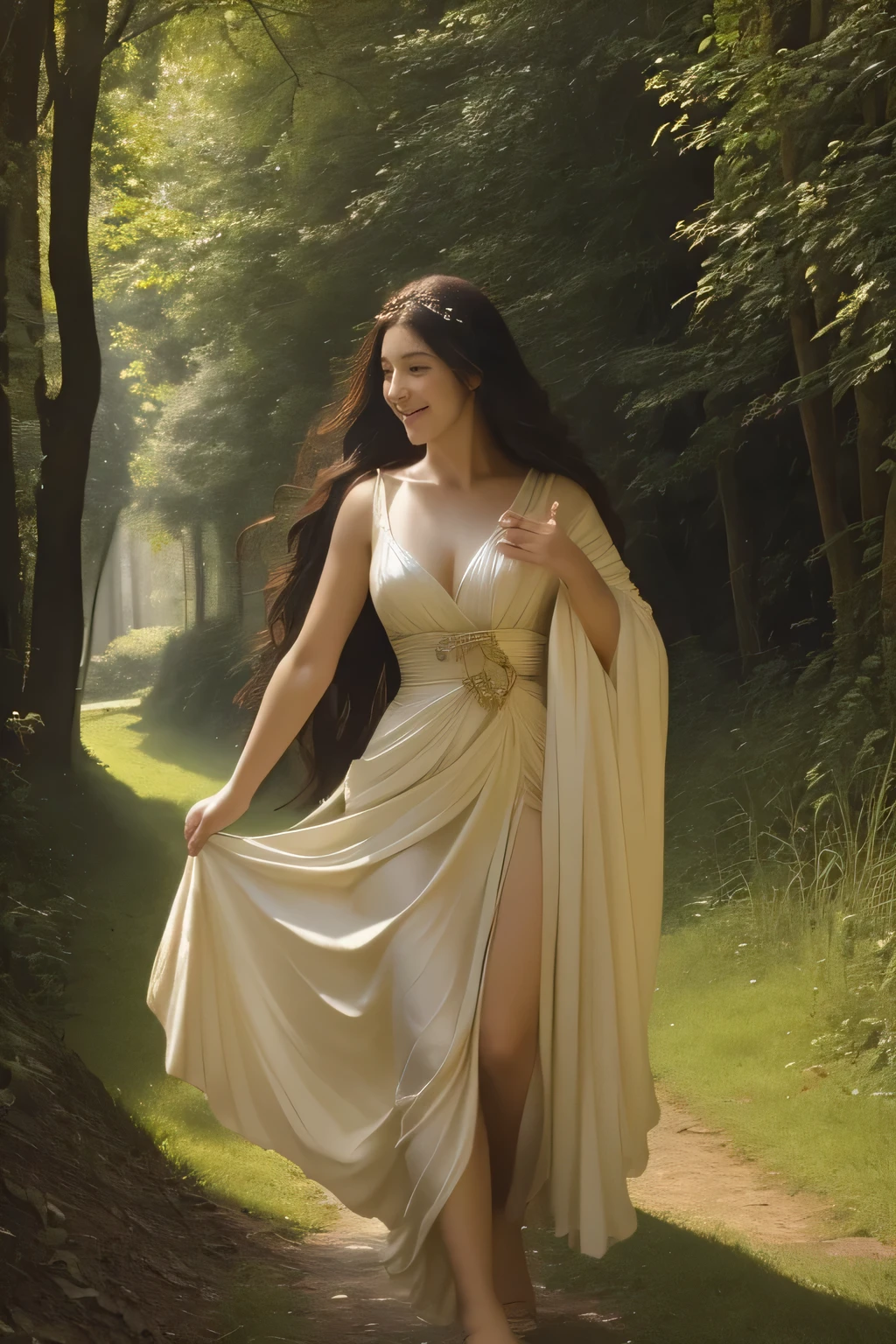 Giorgione painting style,Barbizon forest A beautiful woman in Greek dress smiles on the shore,Sweet and seductive appearance.、Caravaggio's paintings、Chiaroscuro of Caravaggio、hair tousled by the wind,Two women frolicking,cute smile, expression of ecstasy,Sexy,erotic, full body portrait