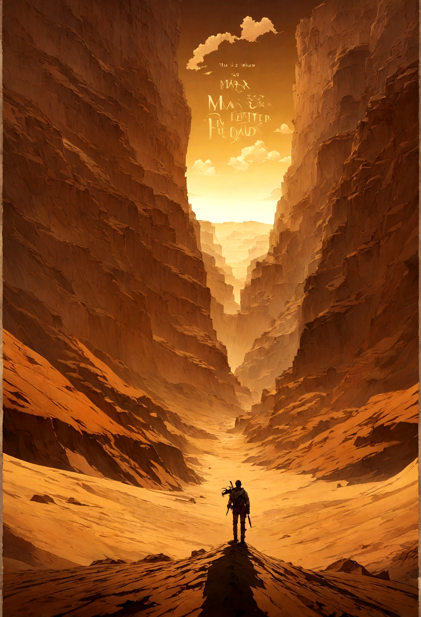 The image is a poster for the movie "Mad Max: Fury Road" set against a desert landscape. The background depicts an arid land with a stretch of yellow and brown sand leading into the distance, flanked by tall, dark brown mountains on either side. Above, the sky is blue with a small white cloud in the middle. The title of the movie is prominently displayed in the center of the image, artistically rendered with thick capital letters and imaginative touches. The letter "O" in "On" is replaced by a stylized red eye, and the overall arrangement of the letters resembles a pair of eyes, adding a sense of scale and depth to the title.