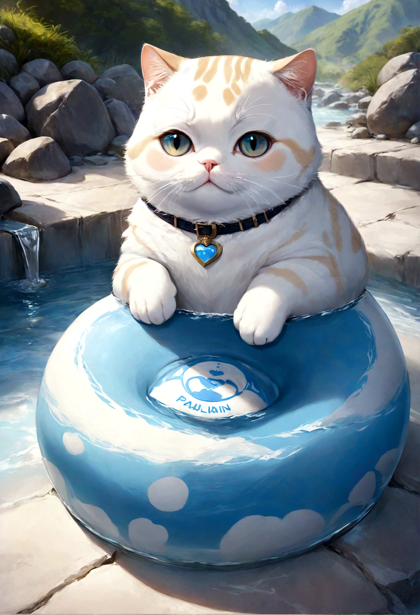 cute adorable Scottish fold lightblue fat cat paladin, at hot spring, write Logo "UNC" on body, adorable digital painting, realistic fantasy art, beautiful digital art