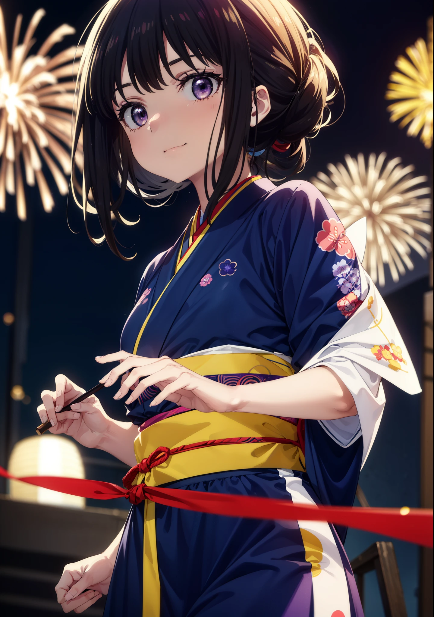Takiuchi, Check it out,One Girl, Long Hair, bangs, Black Hair, (Purple eyes:1.2),Flower Hair Ornaments,hair tied back,smile,blush,Embarrassing,Blue kimono,Blue long skirt,Sandals,日本のfestival,夏festivalの屋台、Red Lantern,Fireworks in the night sky,The place is a fireworks display,Time is night,whole bodyがイラストに入るように,Looking up from below、Walking,
break outdoors, festival,shrine,
break looking at viewer, whole body,Upper Body, (Cowboy Shot:1. 5)
break (masterpiece:1.2), highest quality, High resolution, unity 8k wallpaper, (shape:0.8), (Beautiful details:1.6), Highly detailed face, Perfect lighting, Extremely detailed CG, (Perfect hands, Perfect Anatomy),