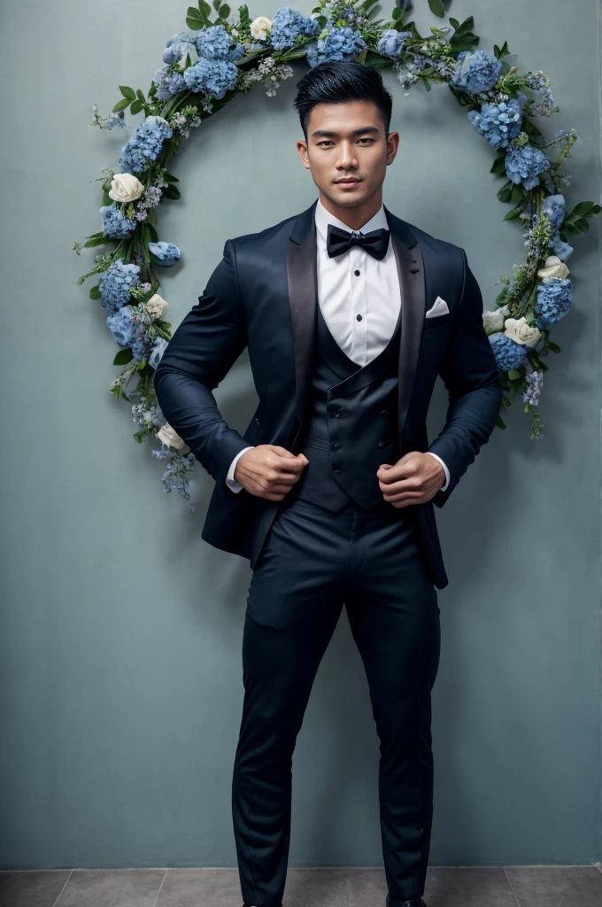 a young man, Indonesian, age 20, perfect face, sharp nose, beautiful lips, perfect body, natural muscles, full body, dashing, slim body, abdominal muscles, A young asian man with short dark hair wearing a black tuxedo surrounded by blue roses