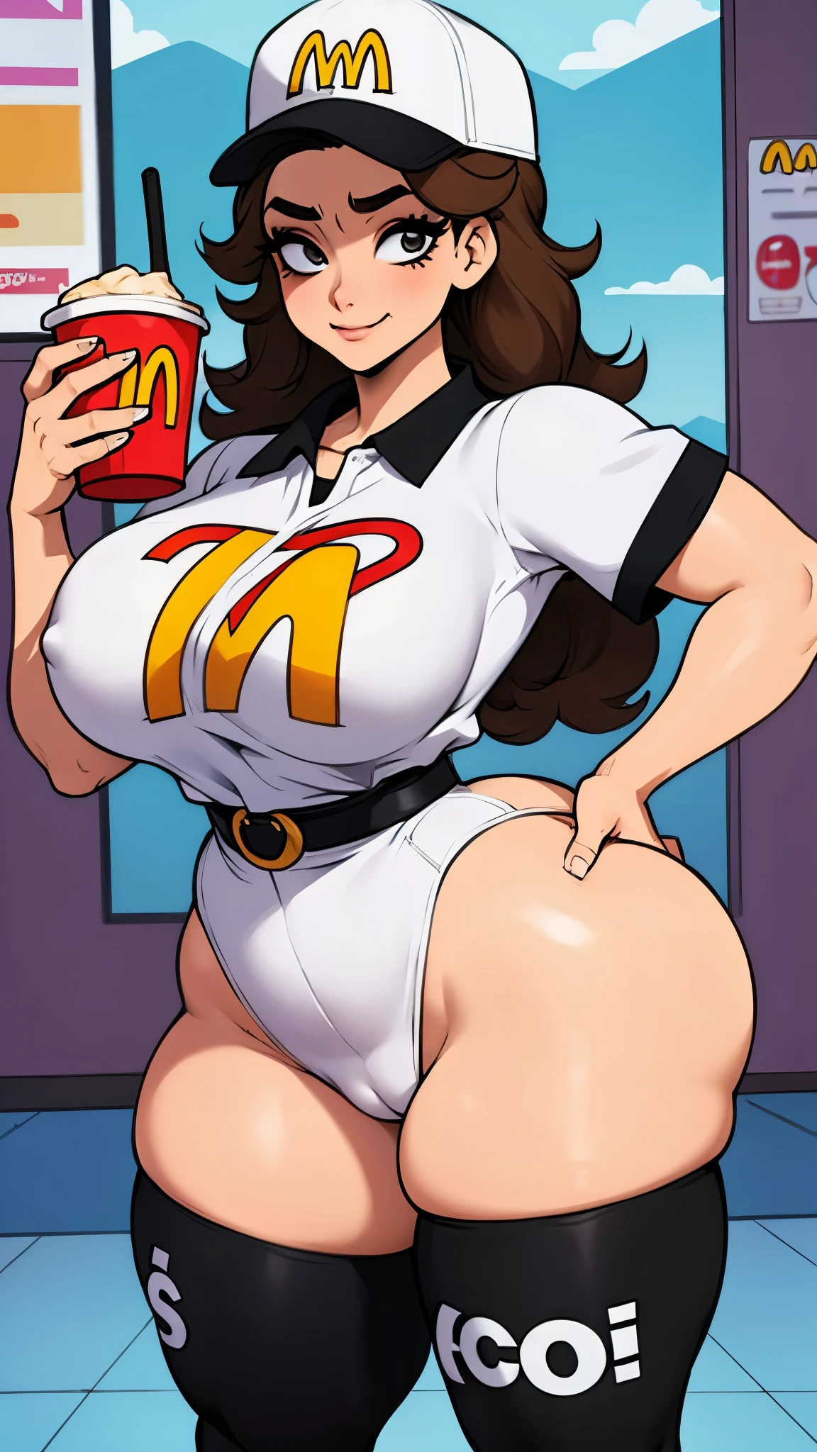 Mujer trabajadora de mcdonald's, gorra de mcdonald's, uniforme, curvy