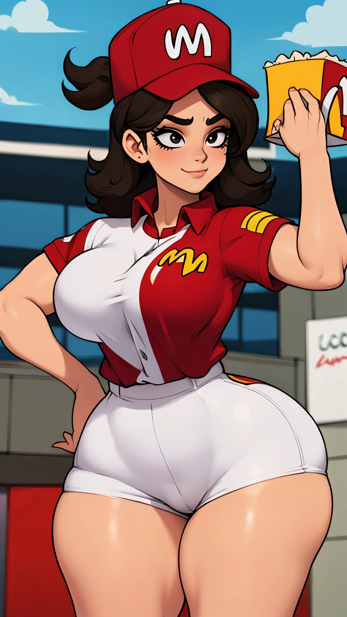 Mujer trabajadora de mcdonald's, gorra de mcdonald's, uniforme, curvy