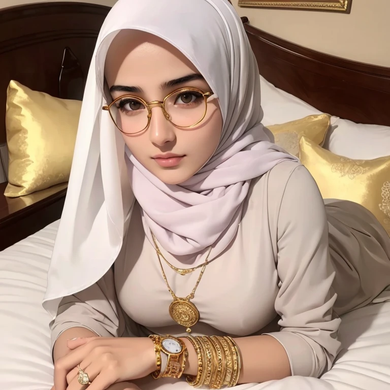 A beautiful high school glasses Arabian girl model, white skin, sharp nose, thin lips, circle face, tight bra, wearing hijab, golden indian bangle and bracelet, golden necklace, golden swiss polo watch, lying to bed, landing on pillow, squinting eyes, detailed horny face