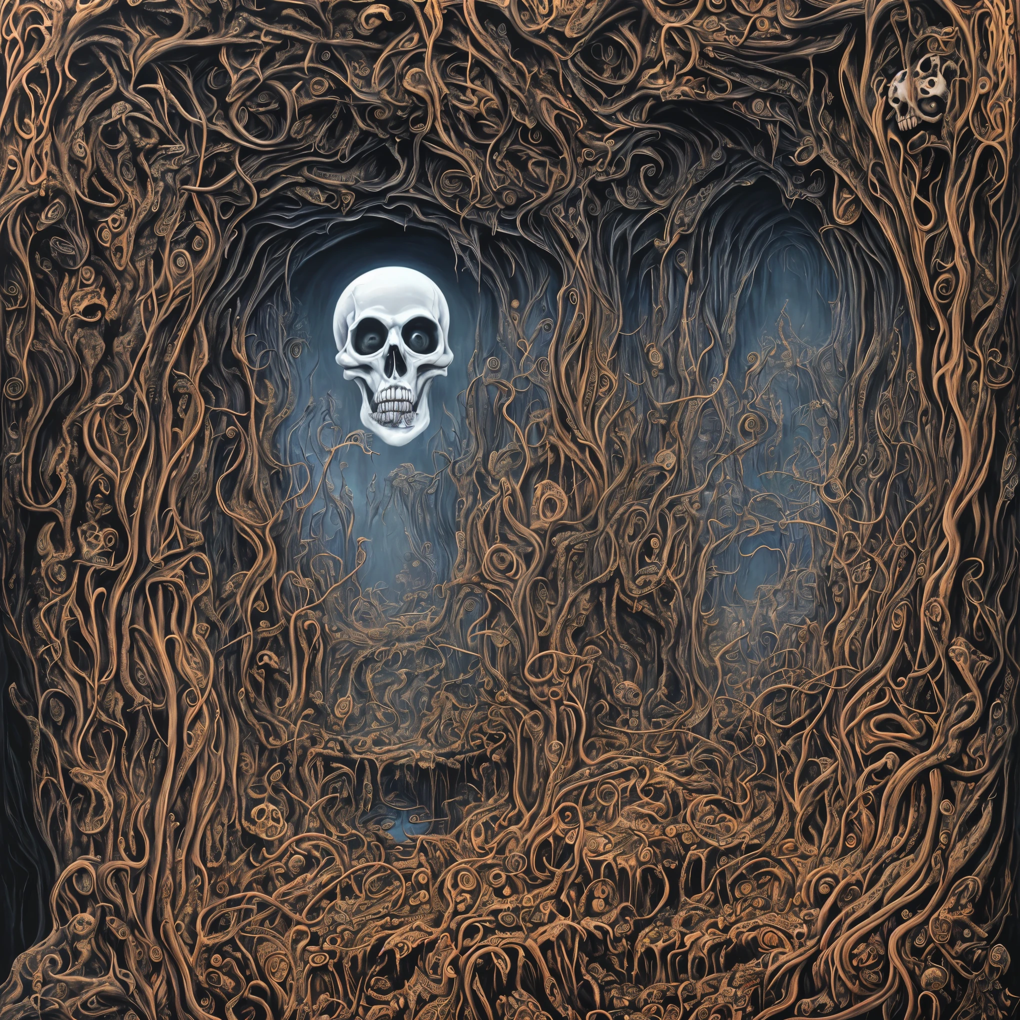 a painting of a hole with skeletons inside of it, an ultrafine detailed painting by Alex Grey, tumblr, psychedelic art, scary detailed art in color, highly detailed dark art, macabre art, hyperrealistic hell, detailed 3d gothic oil painting, just art for dark metal music, mouth of hell, horror surreal art, hell scape, horror!! highly detailed