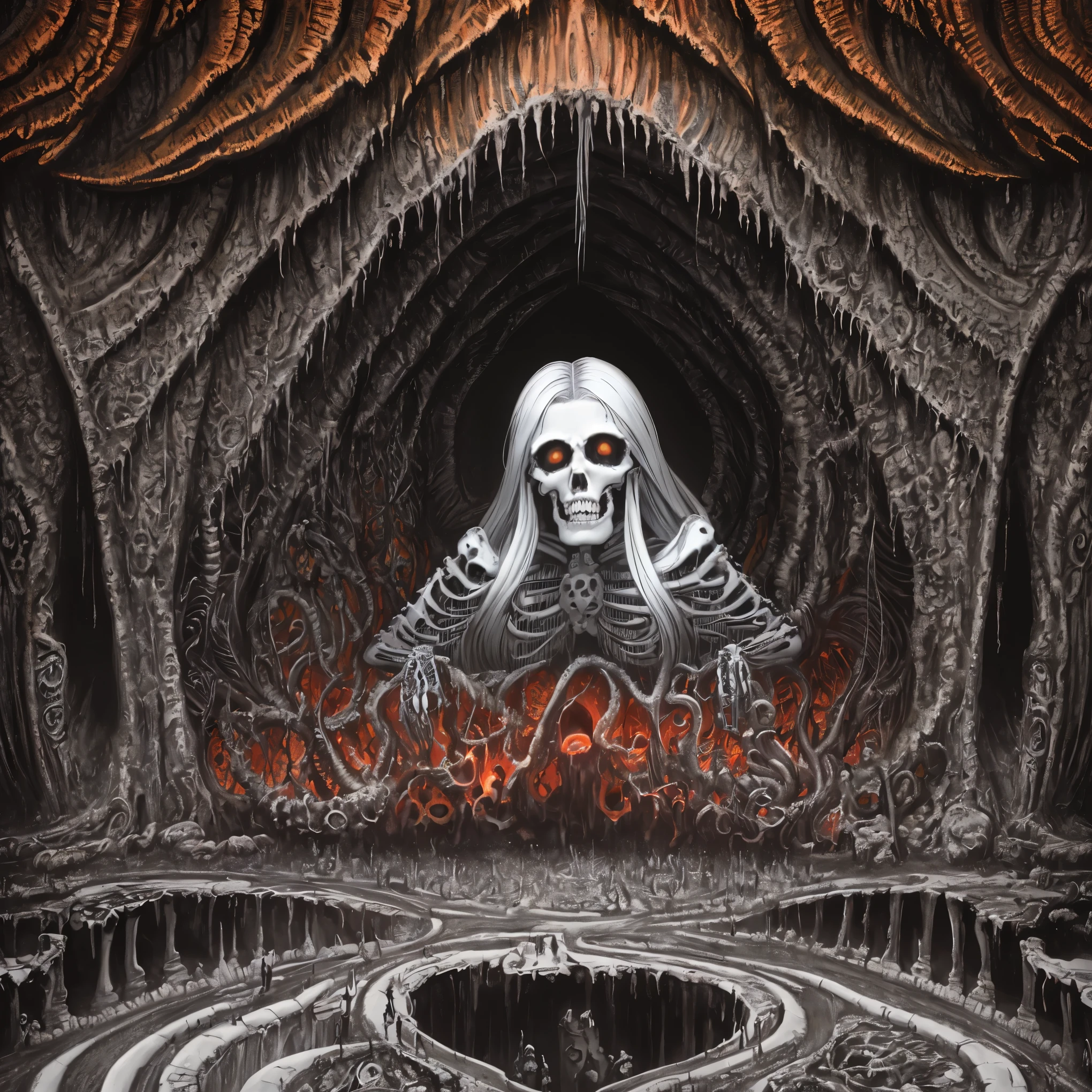 a painting of a hole with skeletons inside of it, an ultrafine detailed painting by Alex Grey, tumblr, psychedelic art, scary detailed art in color, highly detailed dark art, macabre art, hyperrealistic hell, detailed 3d gothic oil painting, just art for dark metal music, mouth of hell, horror surreal art, hell scape, horror!! highly detailed